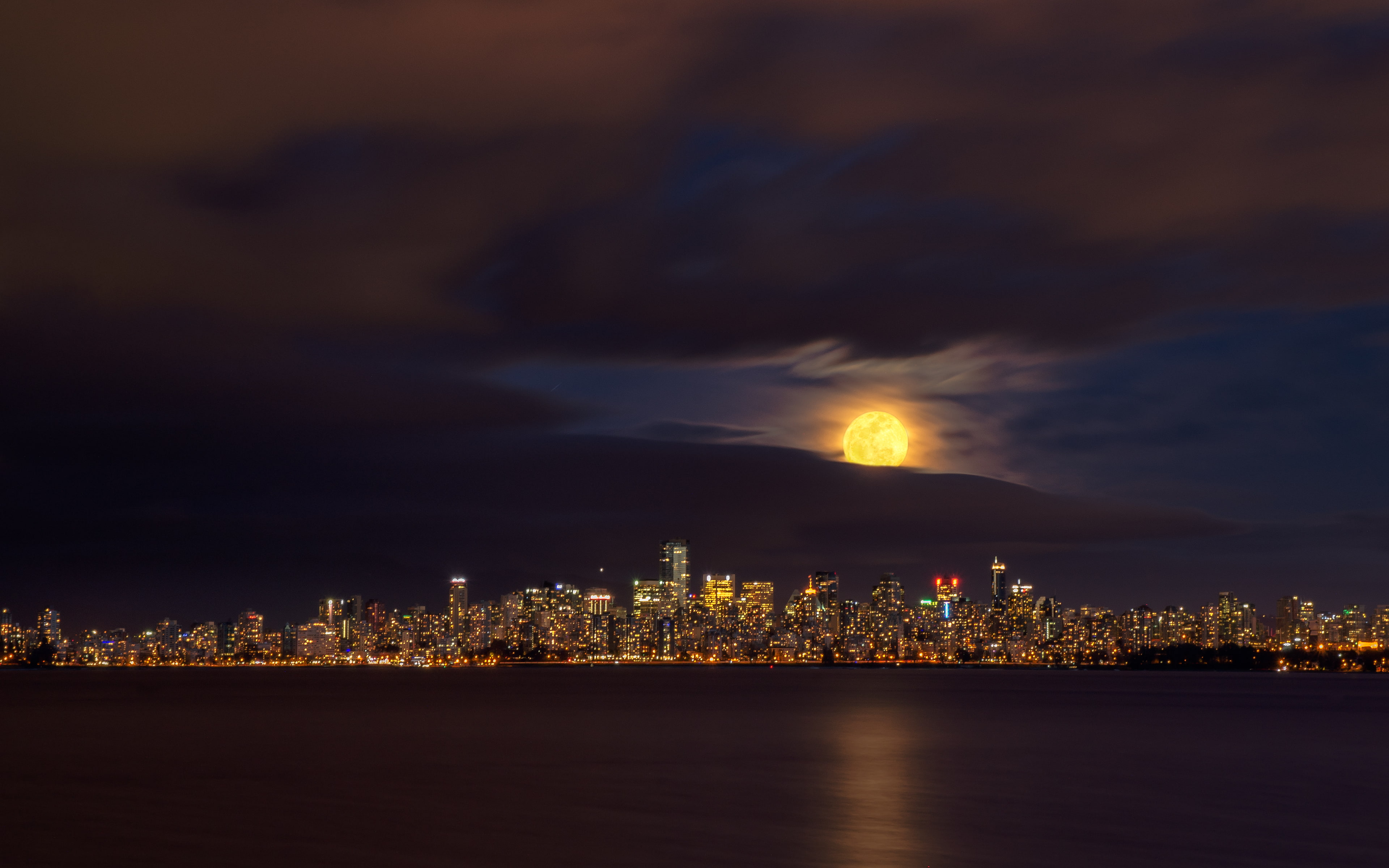 seascape, urban skyline, cityscape, long‑exposure, canada, skyscraper, moon, built structure, office building exterior, citylights, outdoors, waterfront, HD Wallpaper