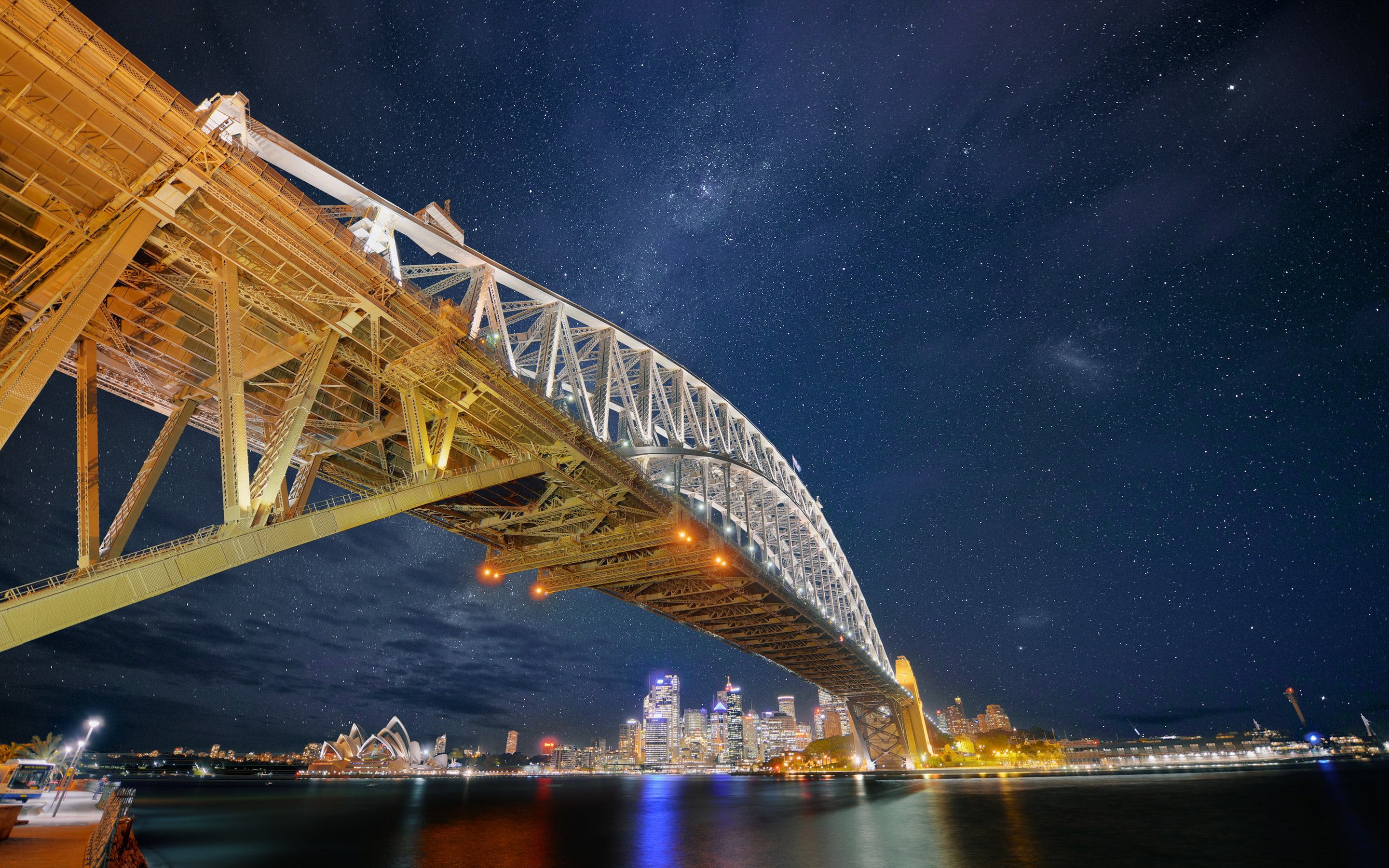 milkywaygalaxy, travel destinations, illuminated, skyscraper, australia, water, sydneyharbourbridge, cityscape, digitalcomposition, nikond800, space, space and astronomy, HD Wallpaper