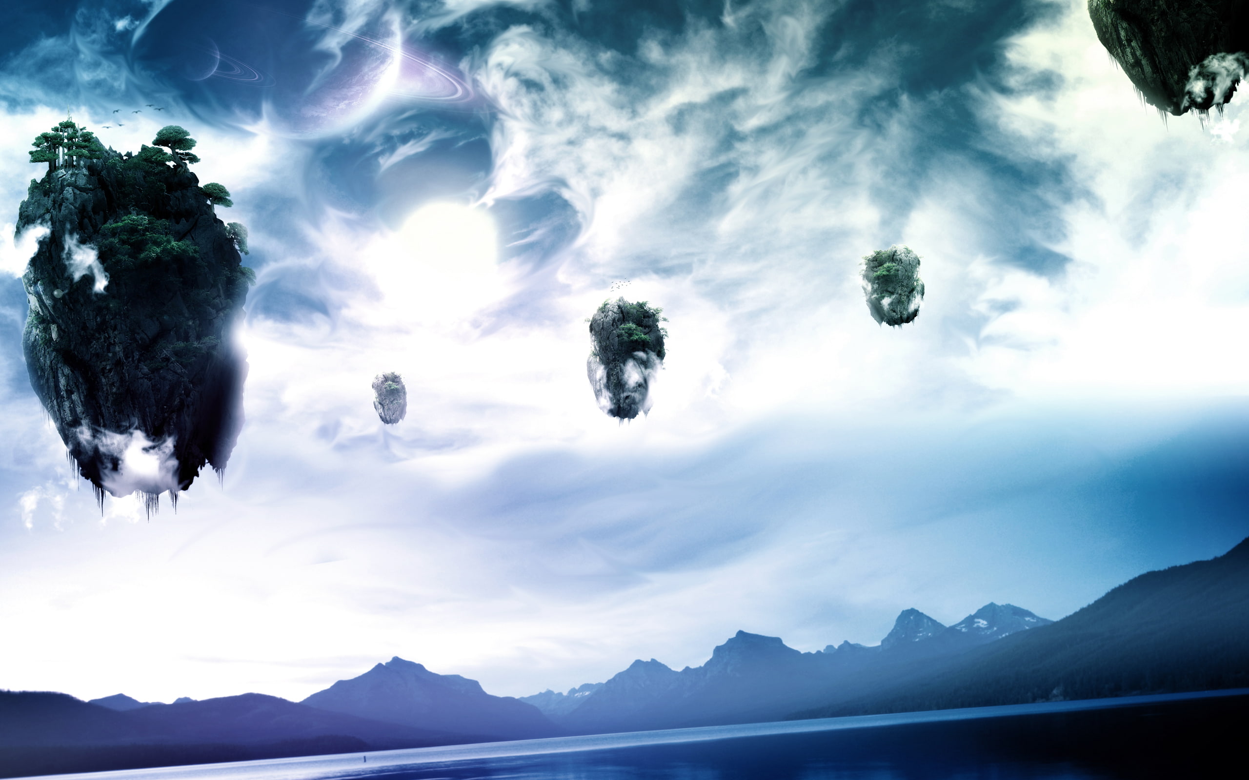 2K, blue, mountains, fantasy, space, pandora, sky, digitalcomposition, HD Wallpaper