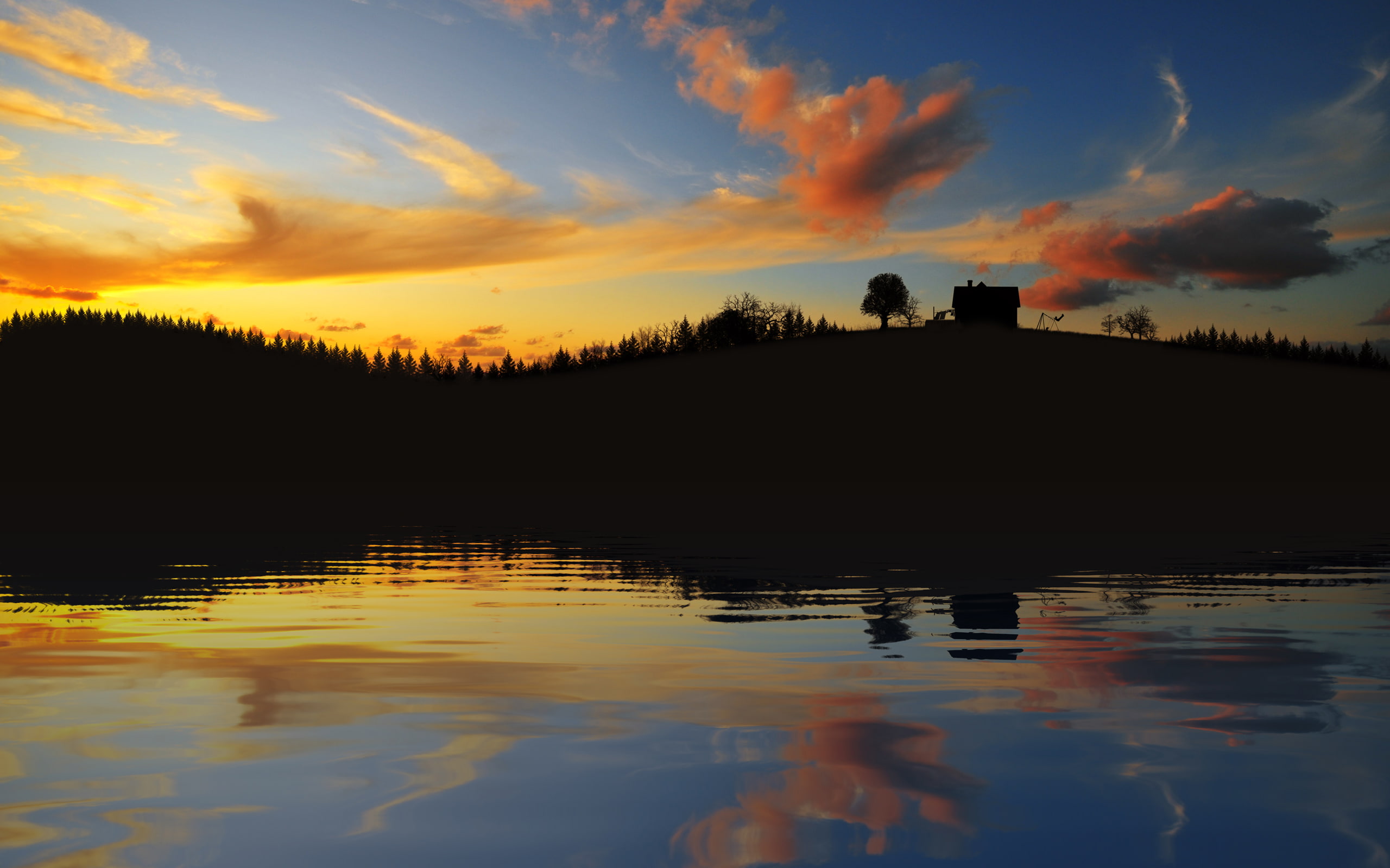 clouds, home, black, nikon, 2K, reflections, nikond300, photography, orange, blue, water, landscape, m, silhouette, digitalcomposition, HD Wallpaper