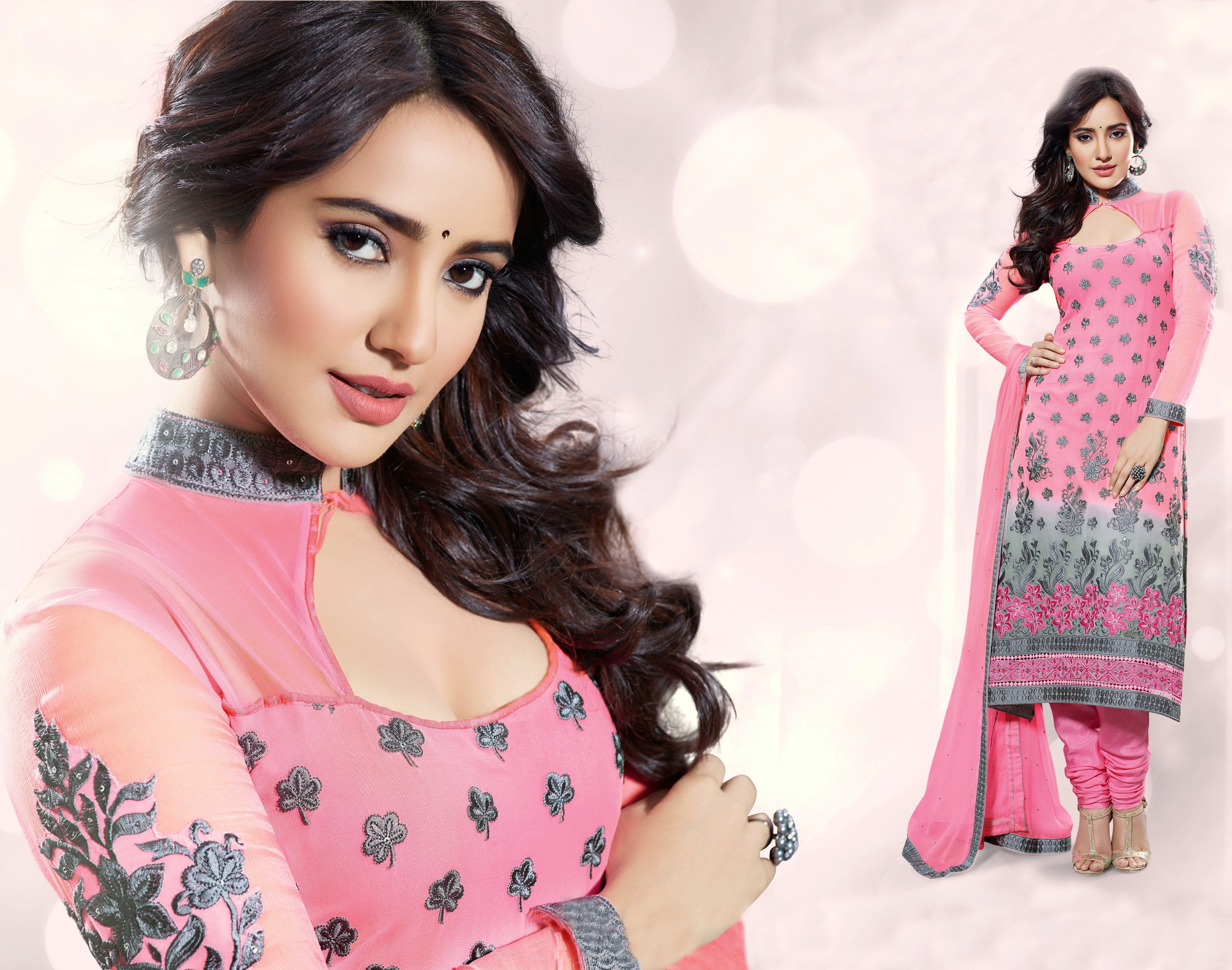 indoors, looking at camera, beautiful woman, long hair, portrait, adult, glamour, desi girl, women, dress, fashion, traditional clothing, hairstyle, pink color, HD Wallpaper