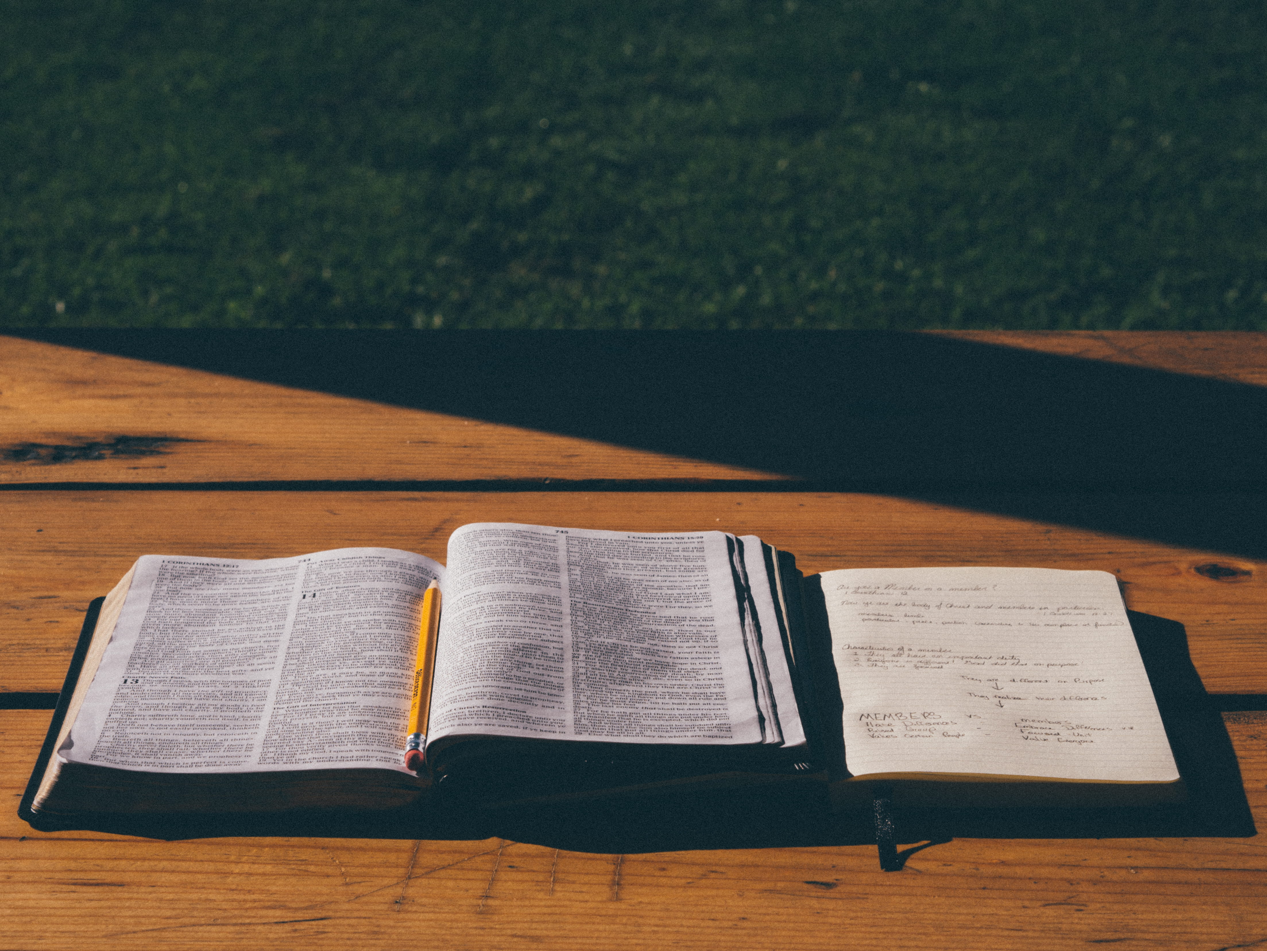 close-up, note, still life, music, open, book, wooden table, absence, sunlight, reading, publication, focus on foreground, text, religion, high angle view, HD Wallpaper
