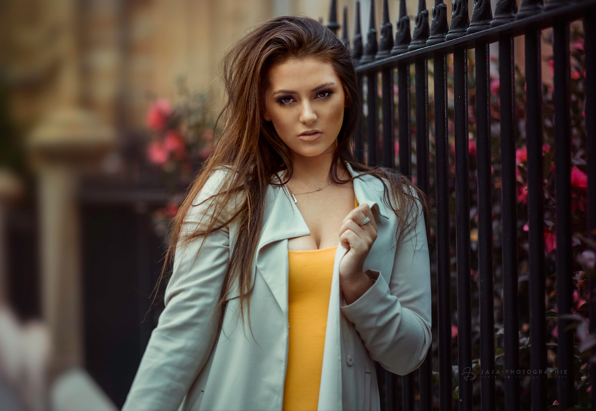 depth of field, portrait, model, women outdoors, overcoats, women, long hair, brunette, yellow dress, 1080P, coats, Julien Fischer, white coat, HD Wallpaper