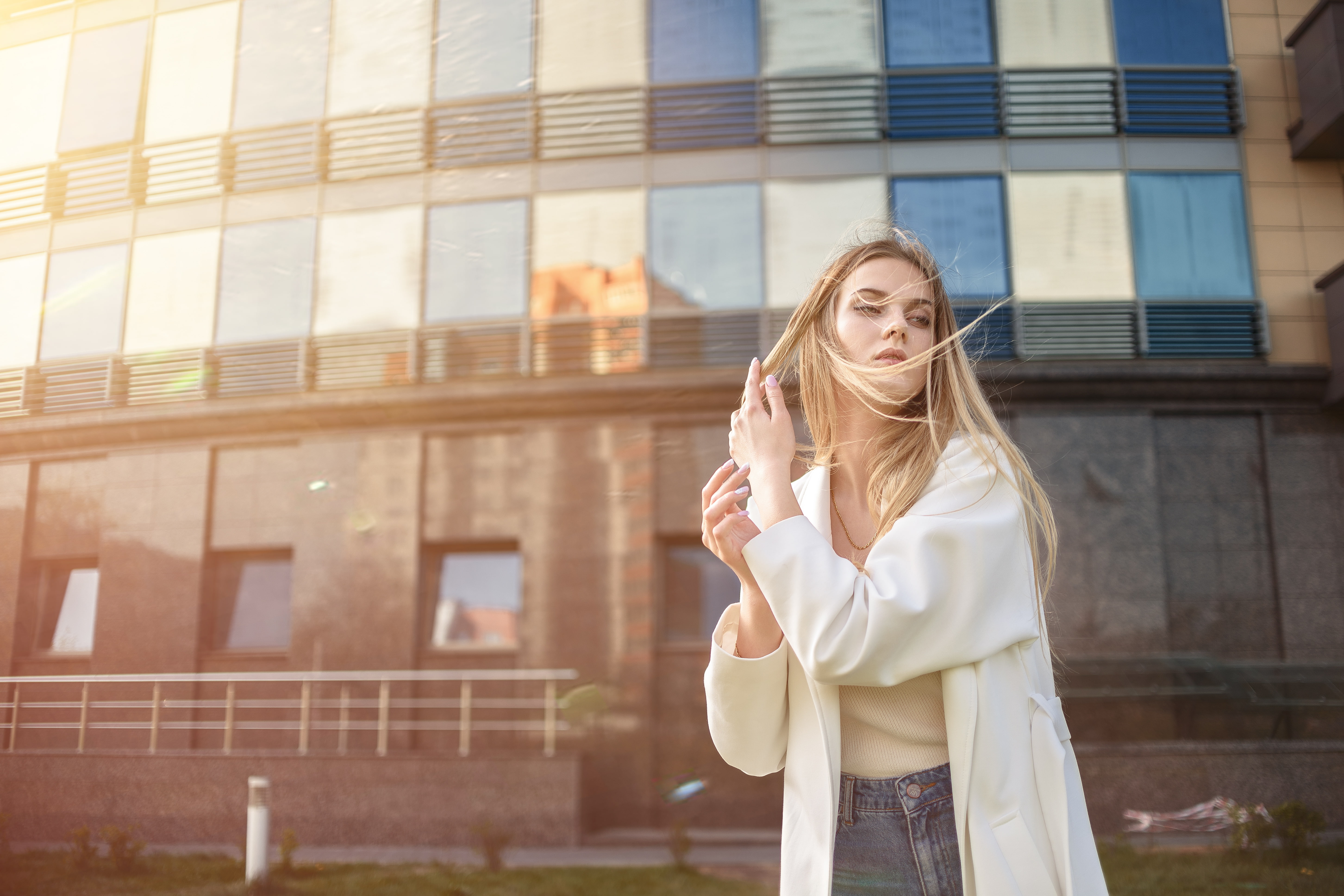 Dmitry Medved, jeans, blonde, windy, Natalia Gerasimovich, coats, overcoats, 5K, hair in face, white coat, women, HD Wallpaper