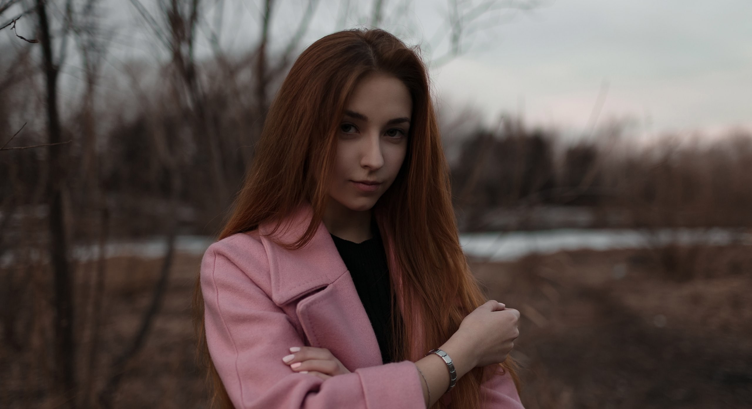 redhead, overcoats, depth of field, pink coat, model, women outdoors, 2K, portrait, coats, women, HD Wallpaper