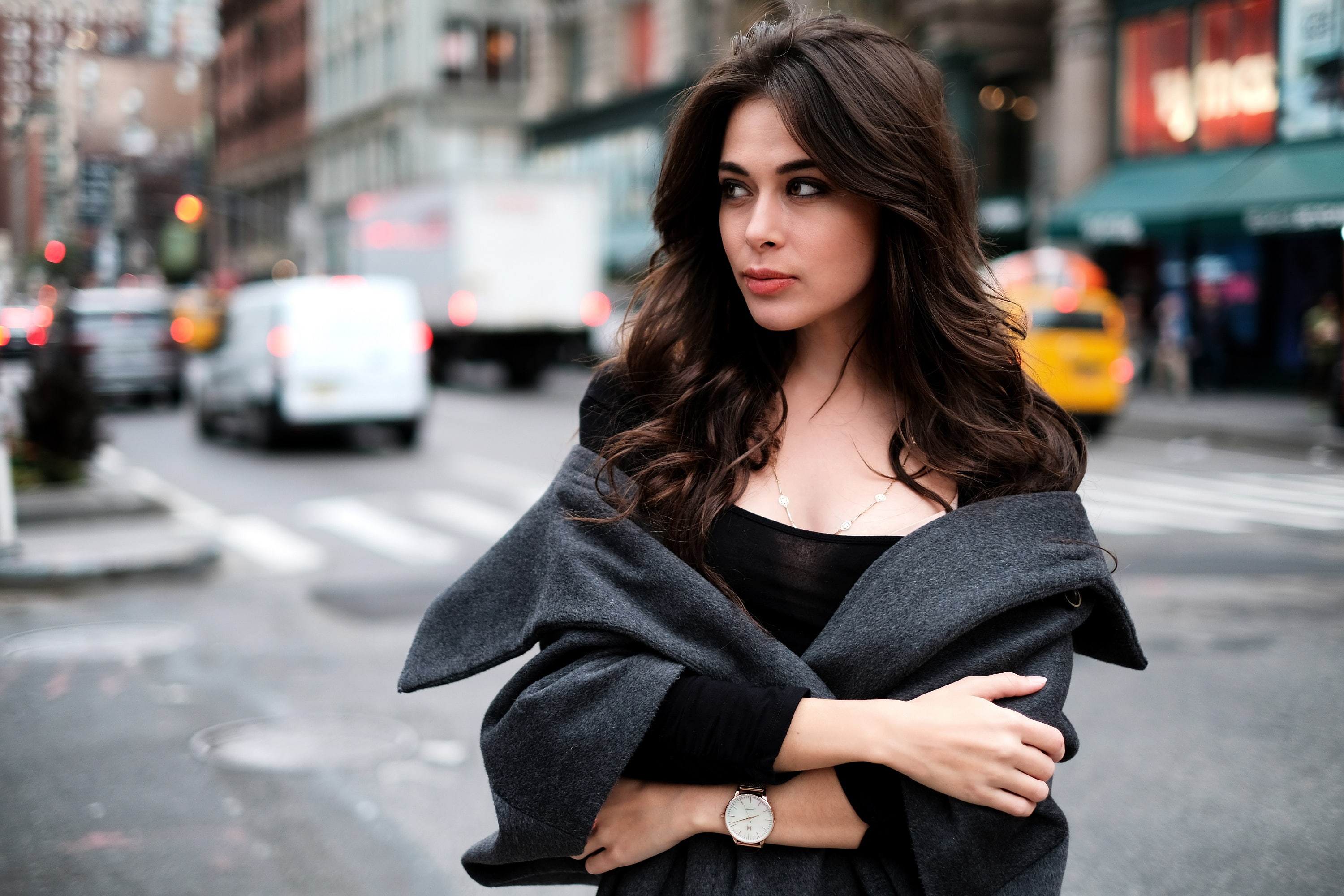 face, grey coat, depth of field, arms crossed, women, coats, looking away, 2K, portrait, overcoats, women outdoors, HD Wallpaper