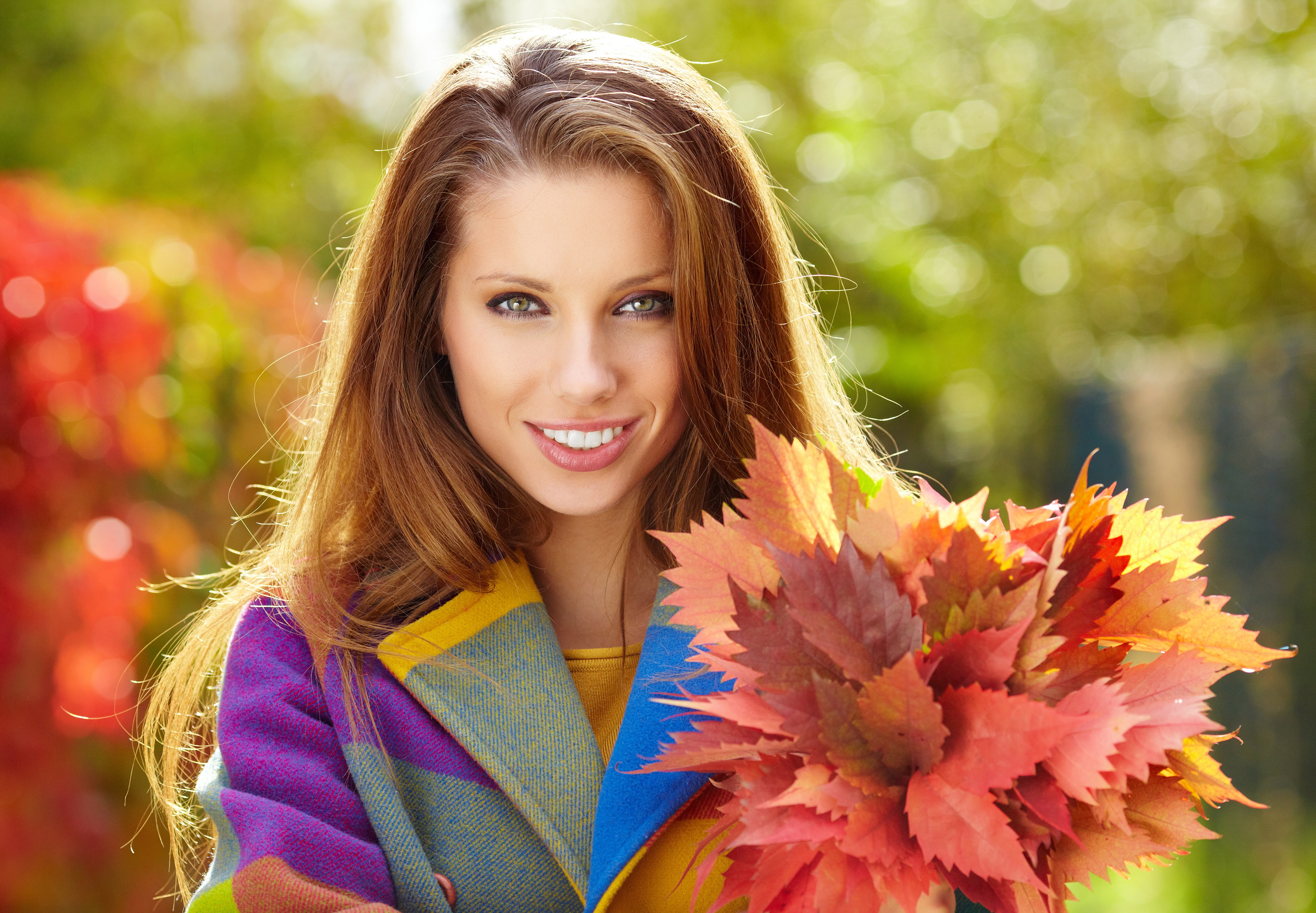open mouth, flowers, smiling, long hair, overcoats, coats, Polish, women, Izabela Magier, fall, Polish women, brunette, yellow coats, 5K, HD Wallpaper