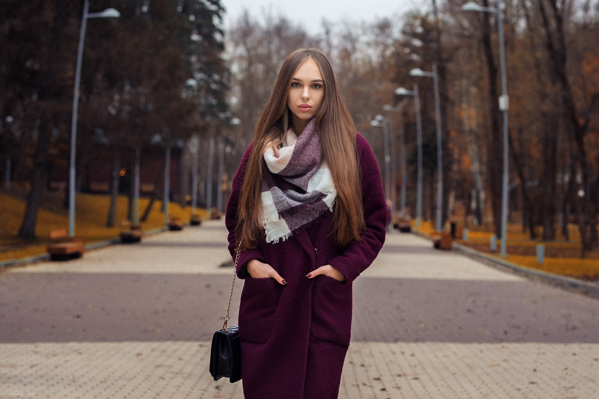 Dmitry Sn, straight hair, women, Dmitry Shulgin, scarf, hands in pockets, 1080P, long hair, overcoats, women outdoors, purple coat, purple clothing, Maria, HD Wallpaper