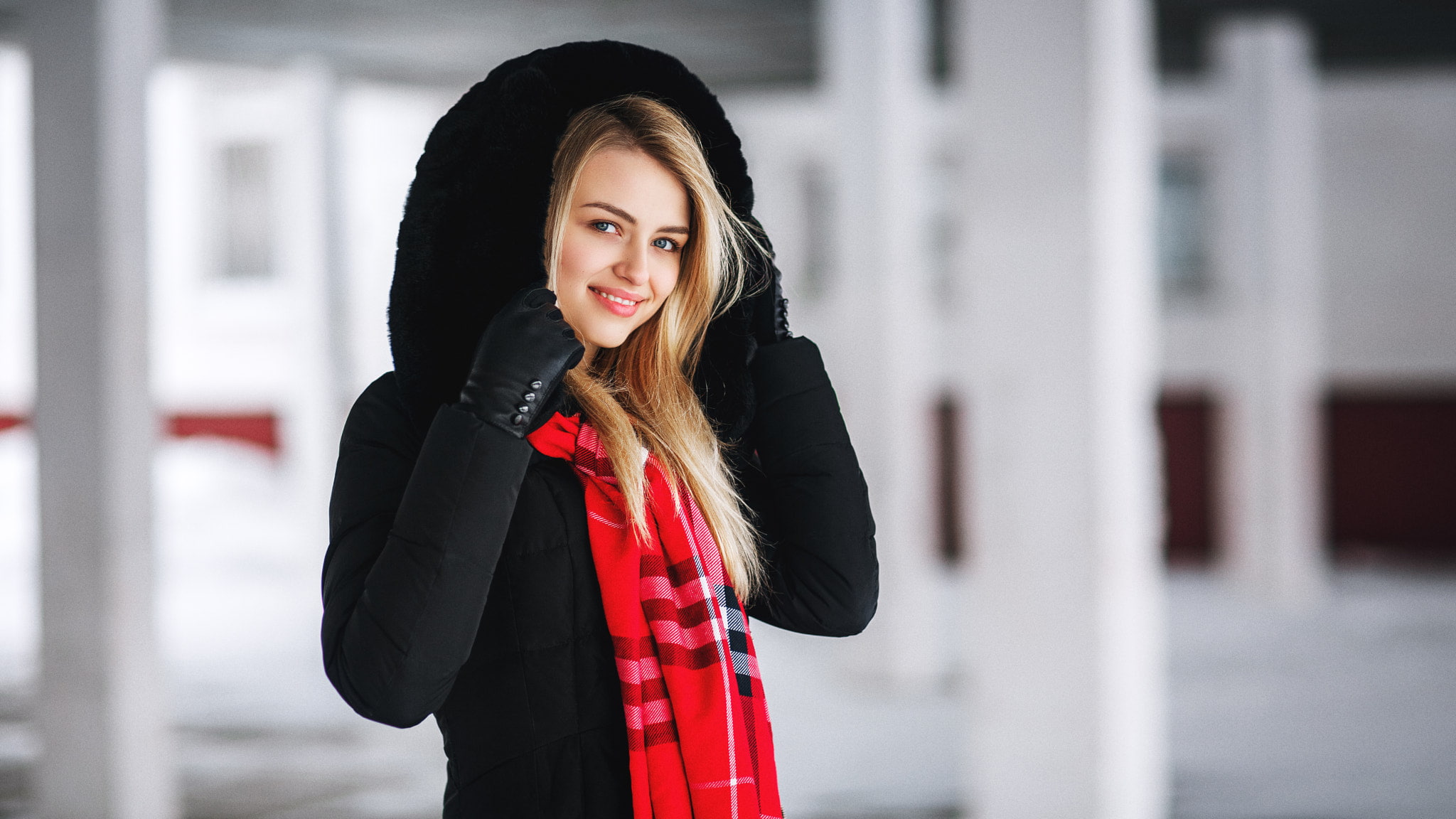 women, long hair, Sergey Pinchuk, scarf, black coat, overcoats, black clothing, smiling, Nastya, hoods, blue eyes, Black clothes, 1080P, looking at viewer, HD Wallpaper