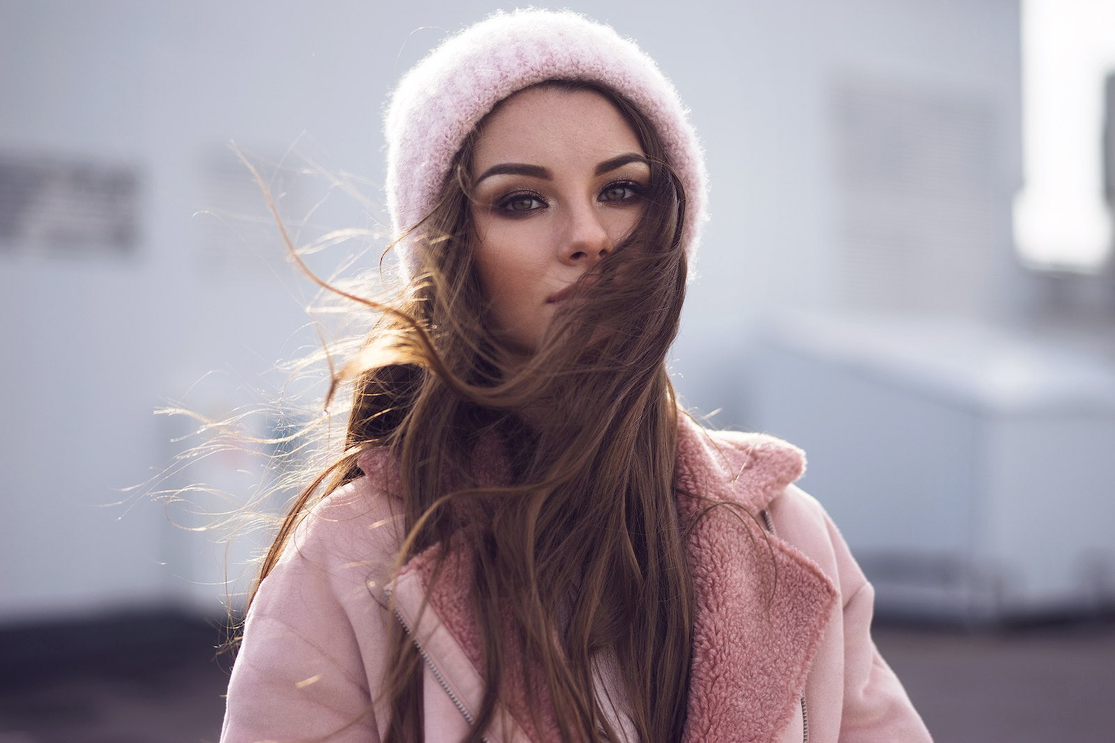 hat, green eyes, bokeh, hair in face, brunette, long hair, coats, women outdoors, pink coat, glamour, portrait, women, Wool cap, Renat Petrov, 720P, pink clothing, HD Wallpaper