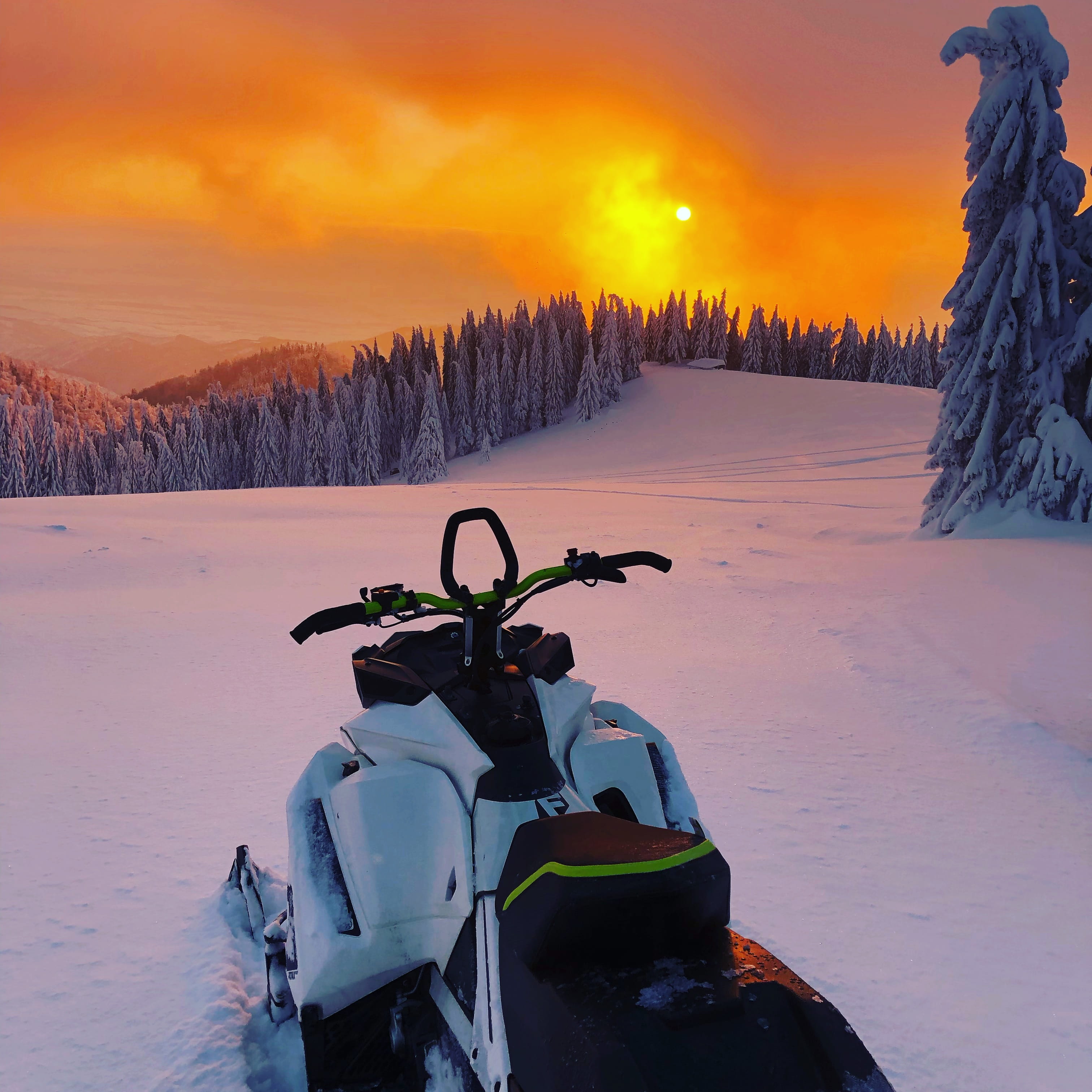 nature, unnamed road, jet ski, outdoors, land, orange color, vehicle, plant, fir, dawn, snowcapped mountain, transportation, abies, tool, romania, comuna budureasa, Phone HD Wallpaper