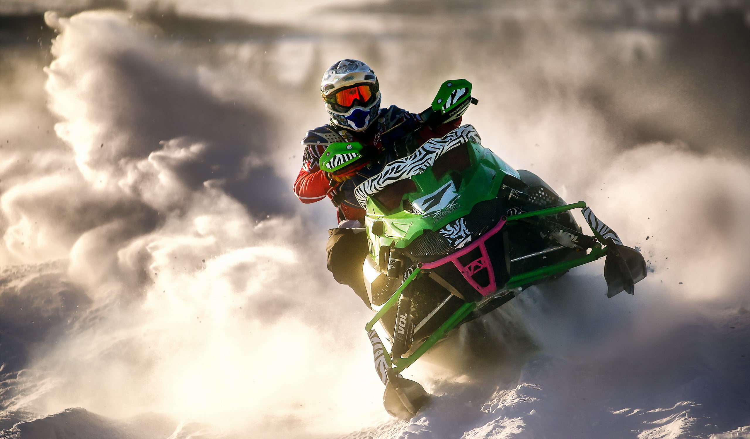 outdoors, excitement, snowmobile, day, black, leisure activity, flying, motorcycle, sport, people, sky, snow, crash helmet, riding, exhilaration, motorsport, HD Wallpaper