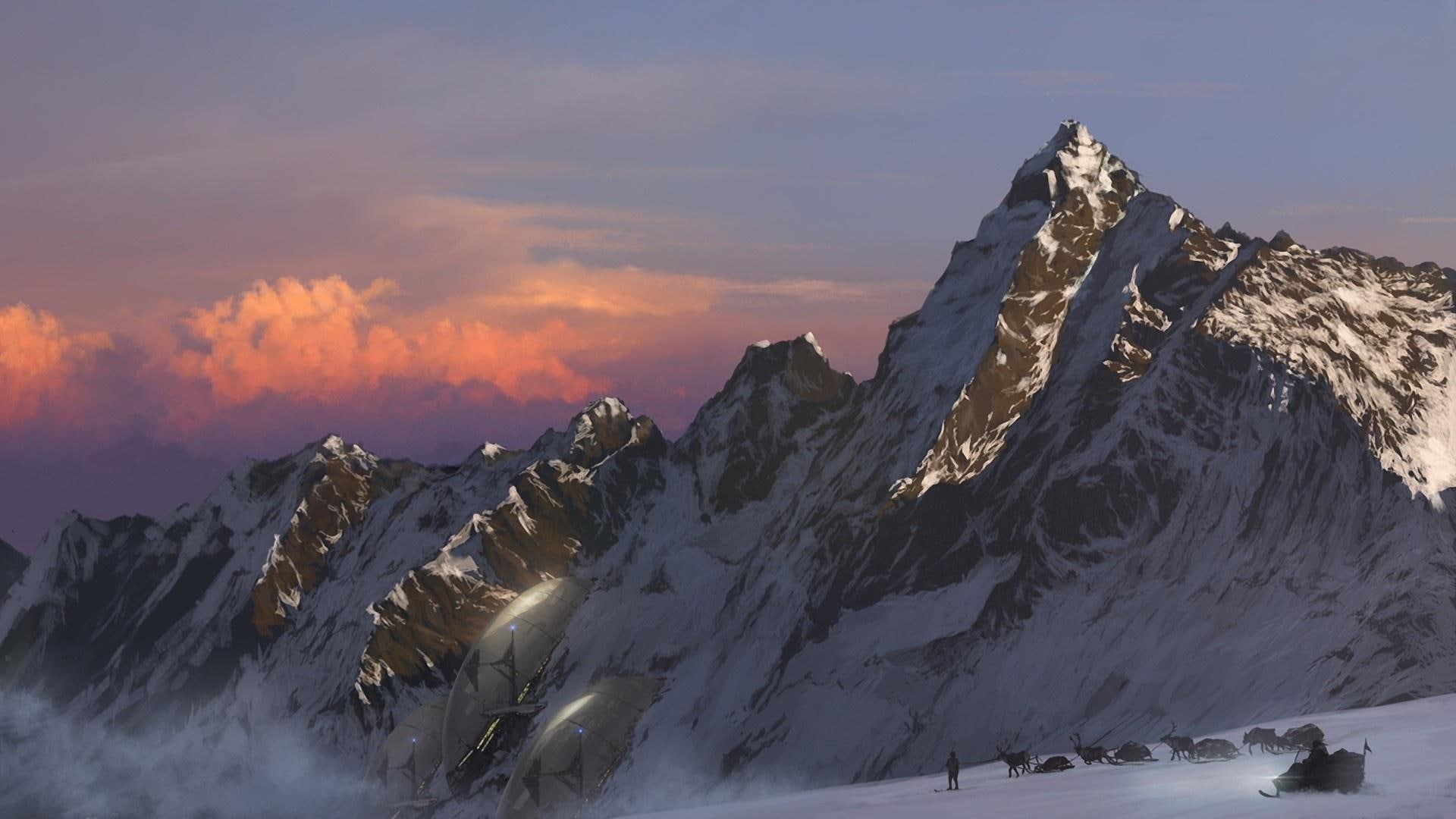 art, deer, mountains, landscapes, snow, winter, people, sky, images, paintings, 1080P, snowmobile, situation, HD Wallpaper