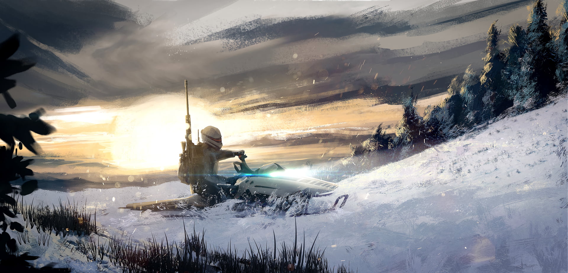 1080P, snow, trees, artwork, illustration, Luciano Neves, Snowmobile, Sun, snowboard, digital art, HD Wallpaper