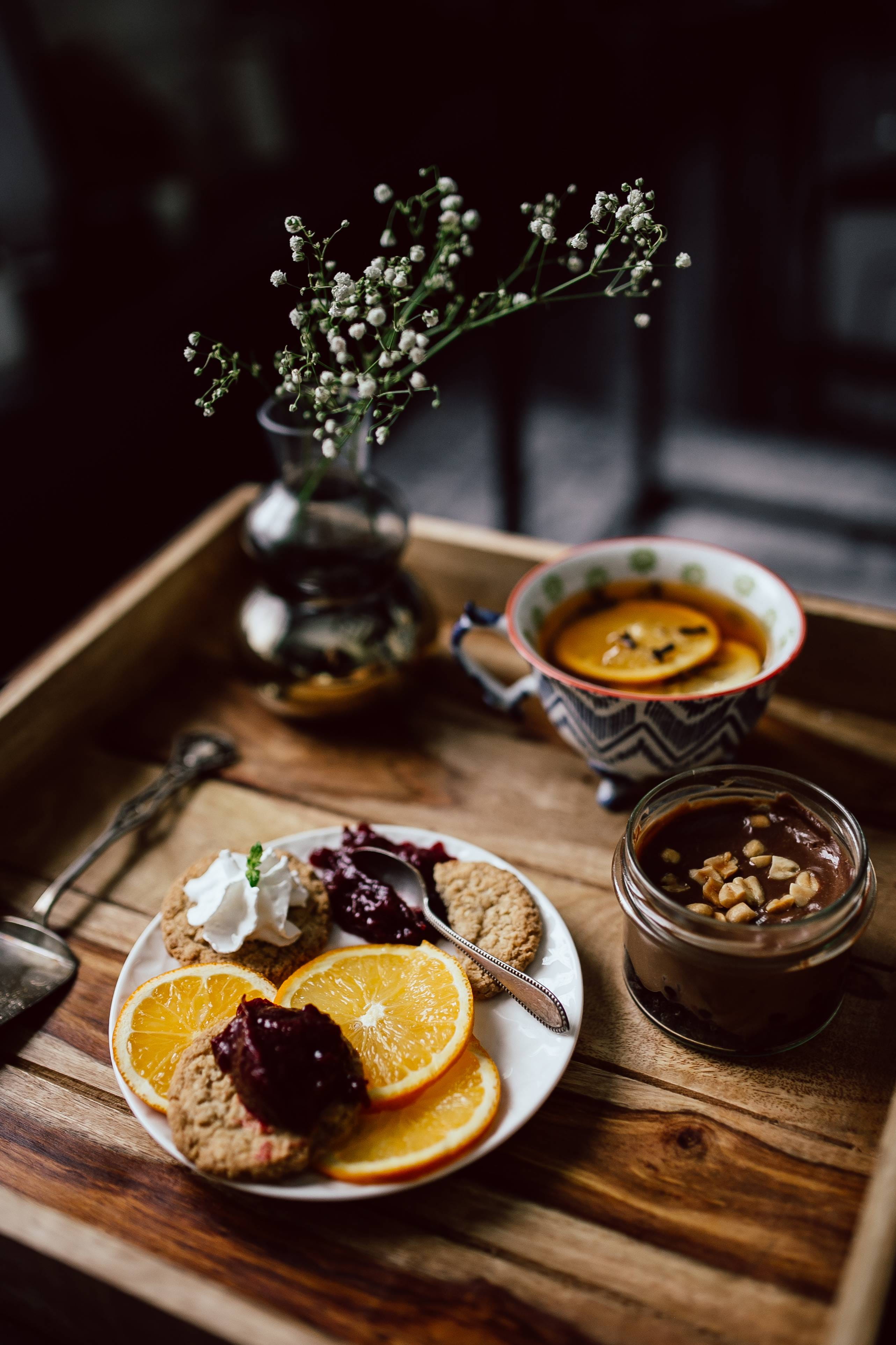 room, dessert, mousse, orange, plate, hotel, breakfast, service, tray, indoors, healthy eating, fruit, flowering plant, focus on foreground, food and drink, Phone HD Wallpaper
