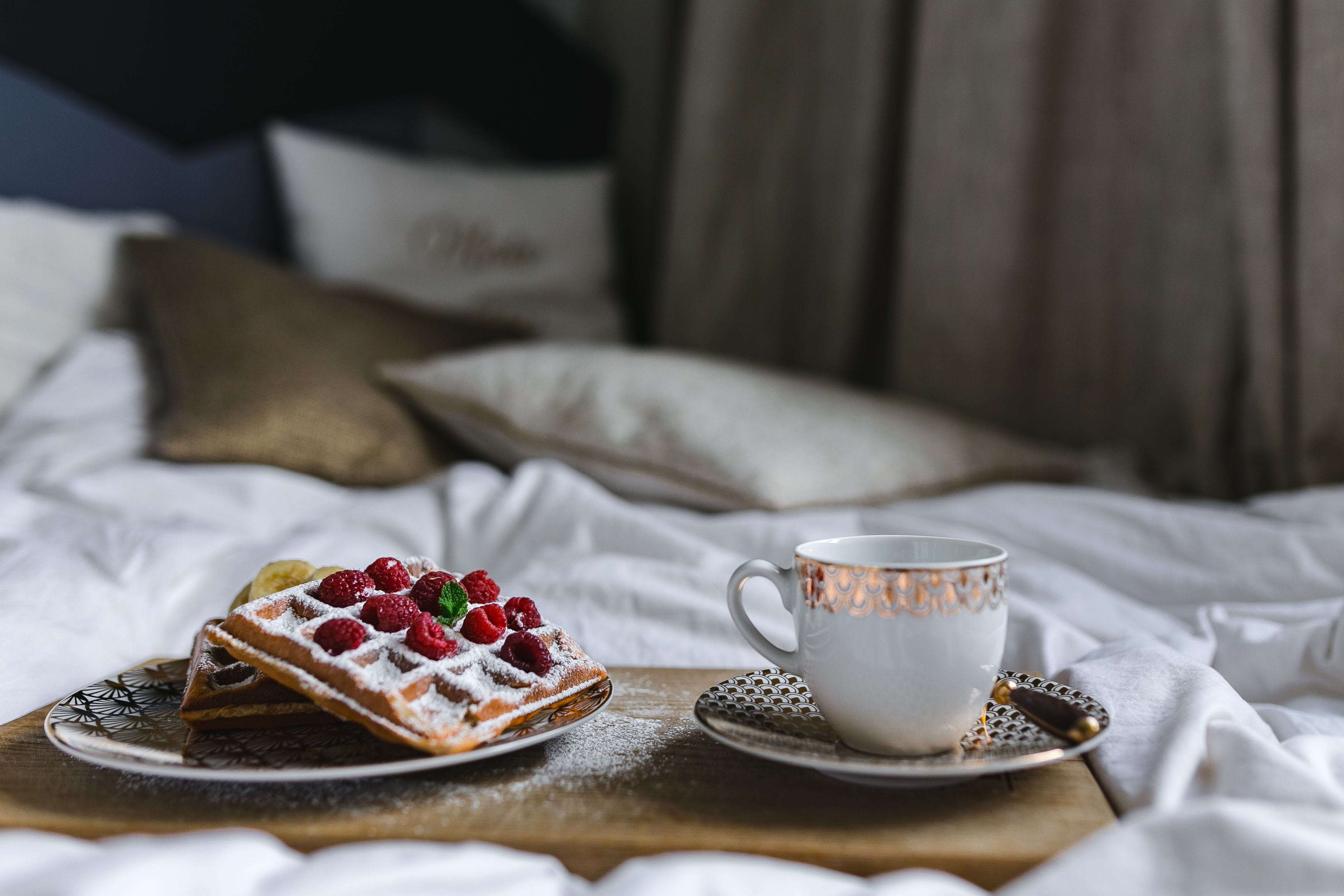 coffee - drink, pillow, berry fruit, morning, breakfast, no People, raspberries, food, plate, interior, tray, fruit, cup of coffee, waffles, cup, dessert, HD Wallpaper