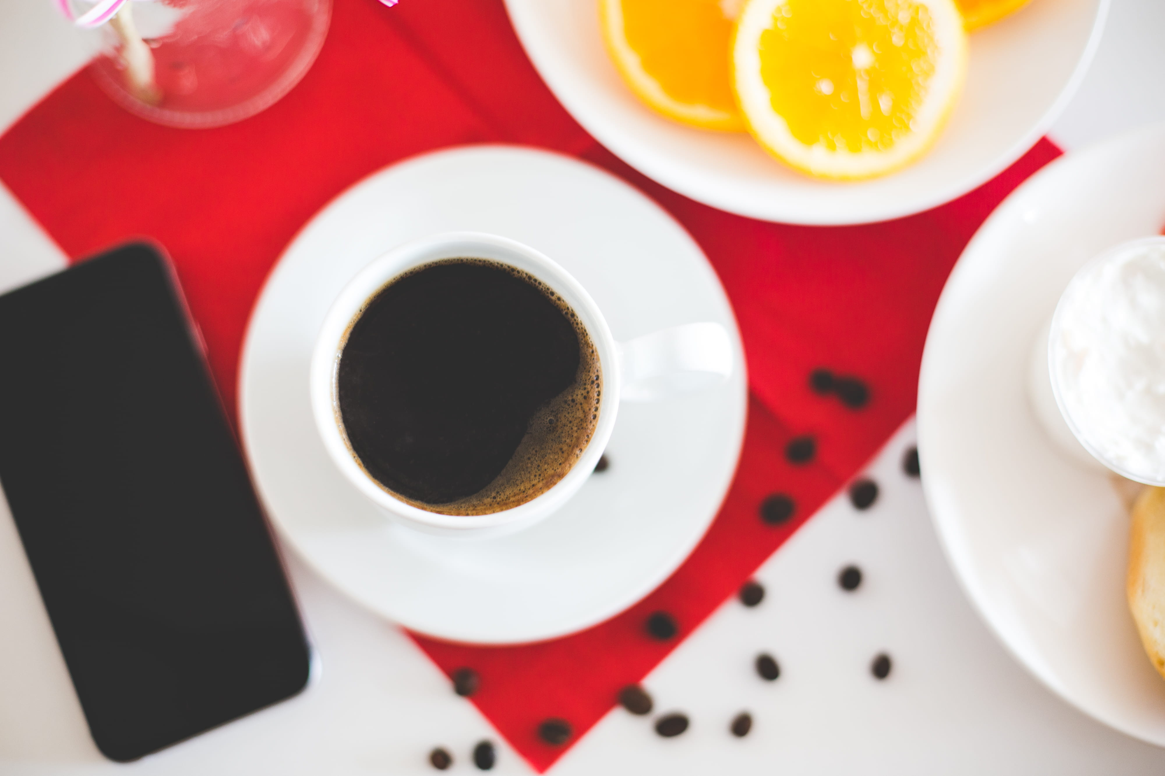 vitamins, morning, white color, freshness, plate, Tray, breakfast tray, still life, 4K, table, indoors, saucer, black coffee, drink, coffee, mobile, espresso, HD Wallpaper
