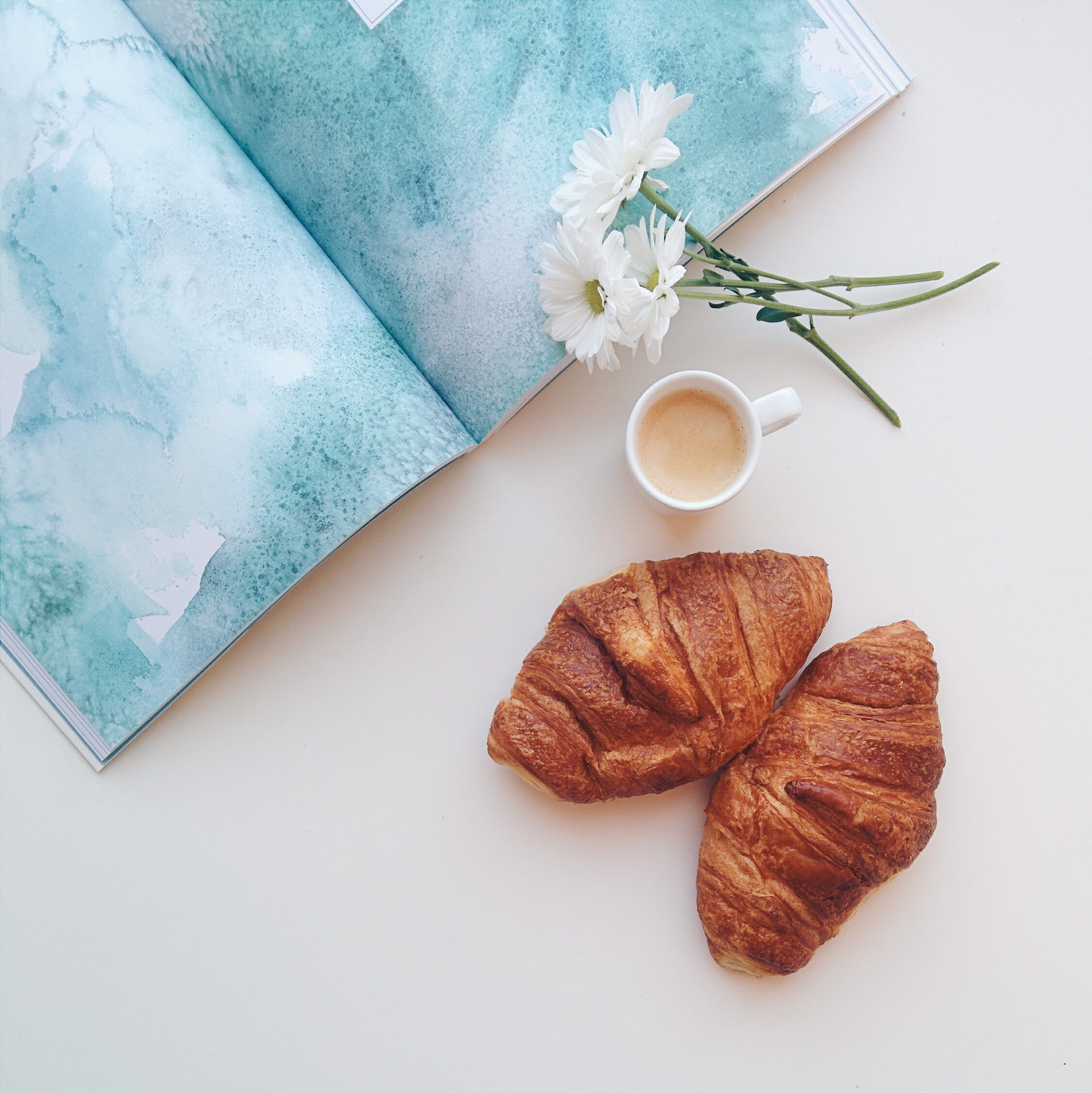 coffee - Drink, 1080P, food and drink, top view, home, snack, flowering plant, table, morning, espresso, white background, mug, french food, still life, Phone HD Wallpaper