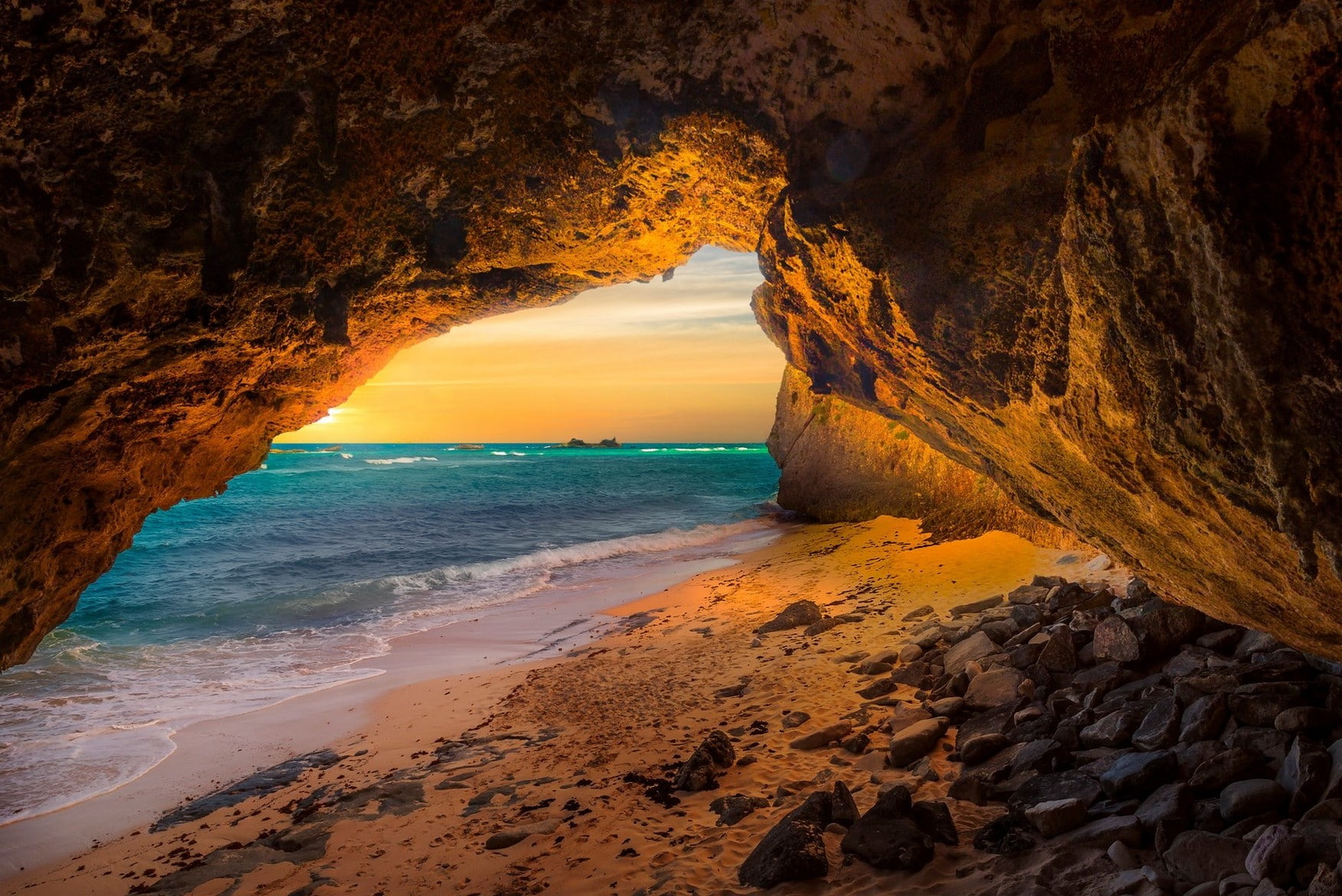 arch, horizon over water, no people, natural arch, beauty in nature, beach, tranquility, land, landscape nature cave beach sea sunset sand island sunlight rock turks amp caicos, HD Wallpaper