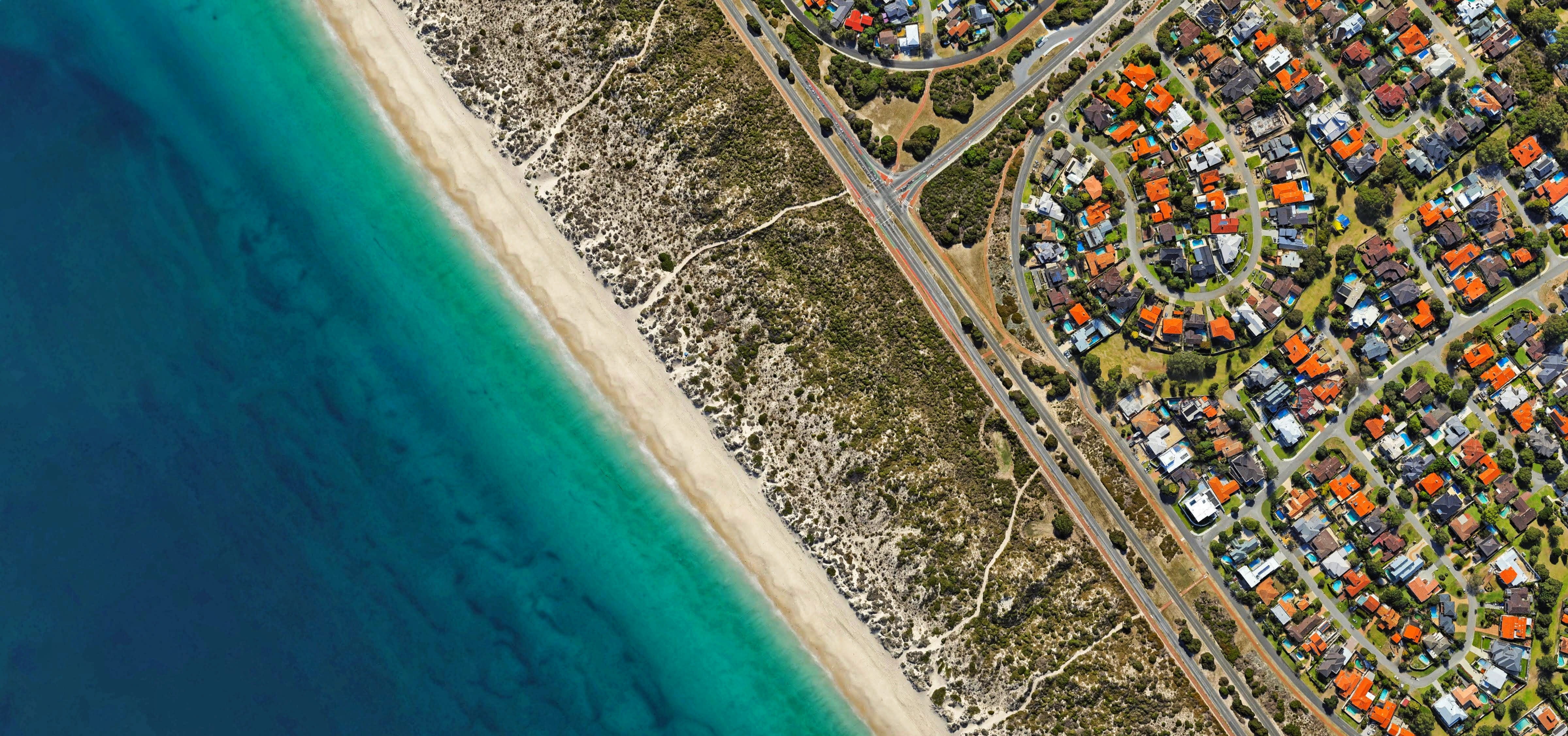 road, aerial, urban, beside, map, drone, landscape, photography, land, layout, tree, green color, sea, day, water, from above, pool, city, building, swimming pool, HD Wallpaper
