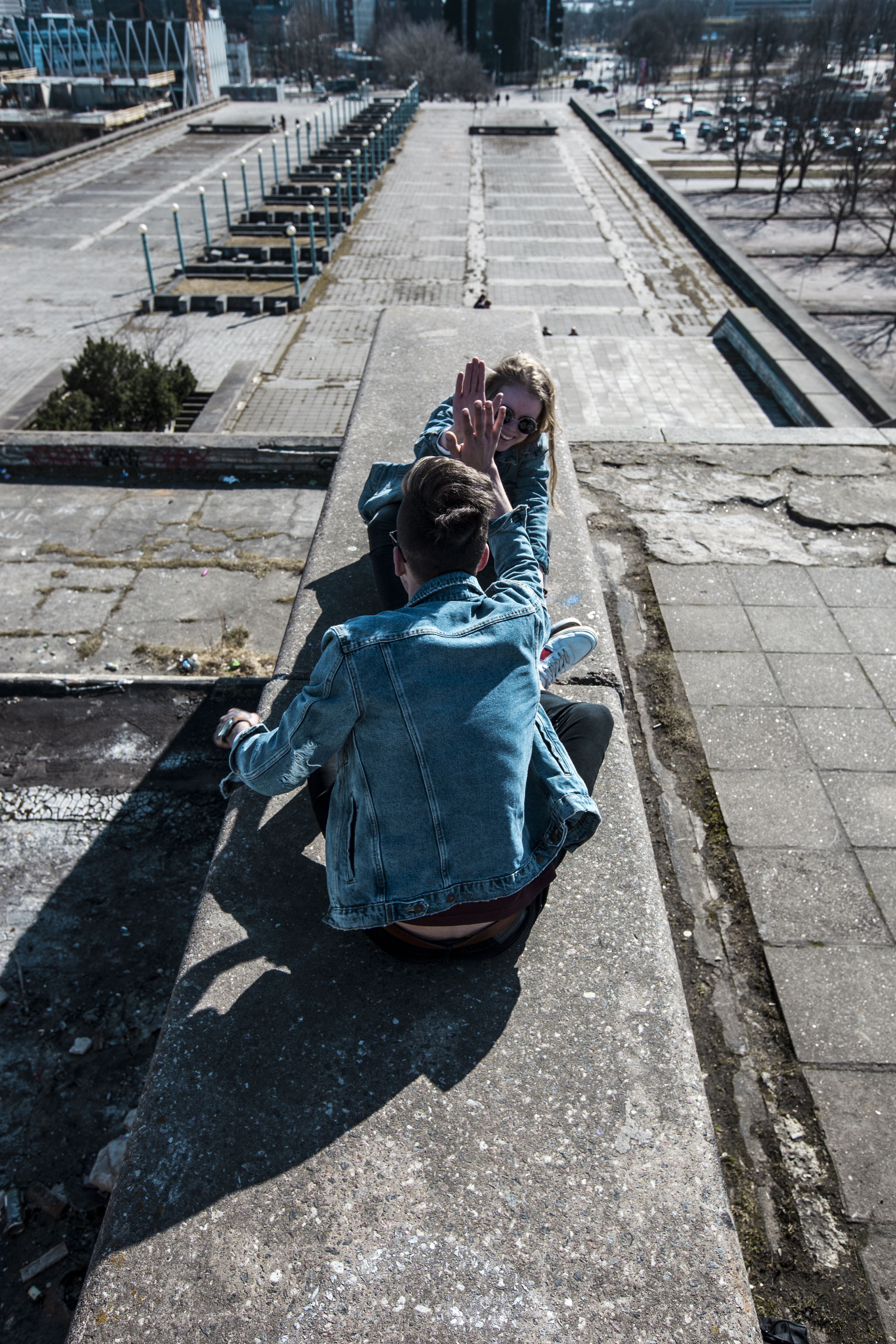 sitting, man, shadow, adult, pavement, sunny, jacket, girlfriend, wear, tallinn, urban, rear view, women, jean jacket, friends, track, calamity, religion, Phone HD Wallpaper