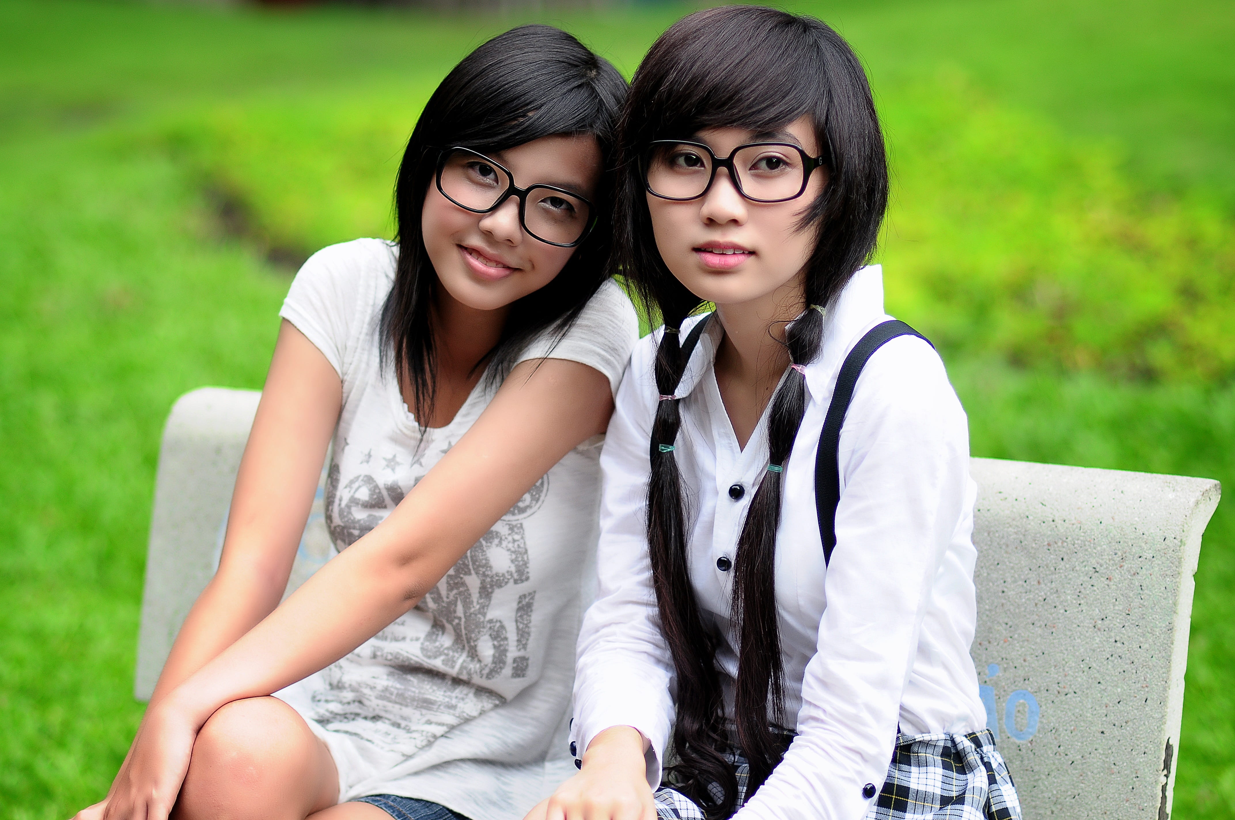 two, glasses, eyeglasses, posing, white, beautiful woman, joy, looking at camera, young adult, smile, people, asian, summer, 4K, enjoy, togetherness, park, HD Wallpaper