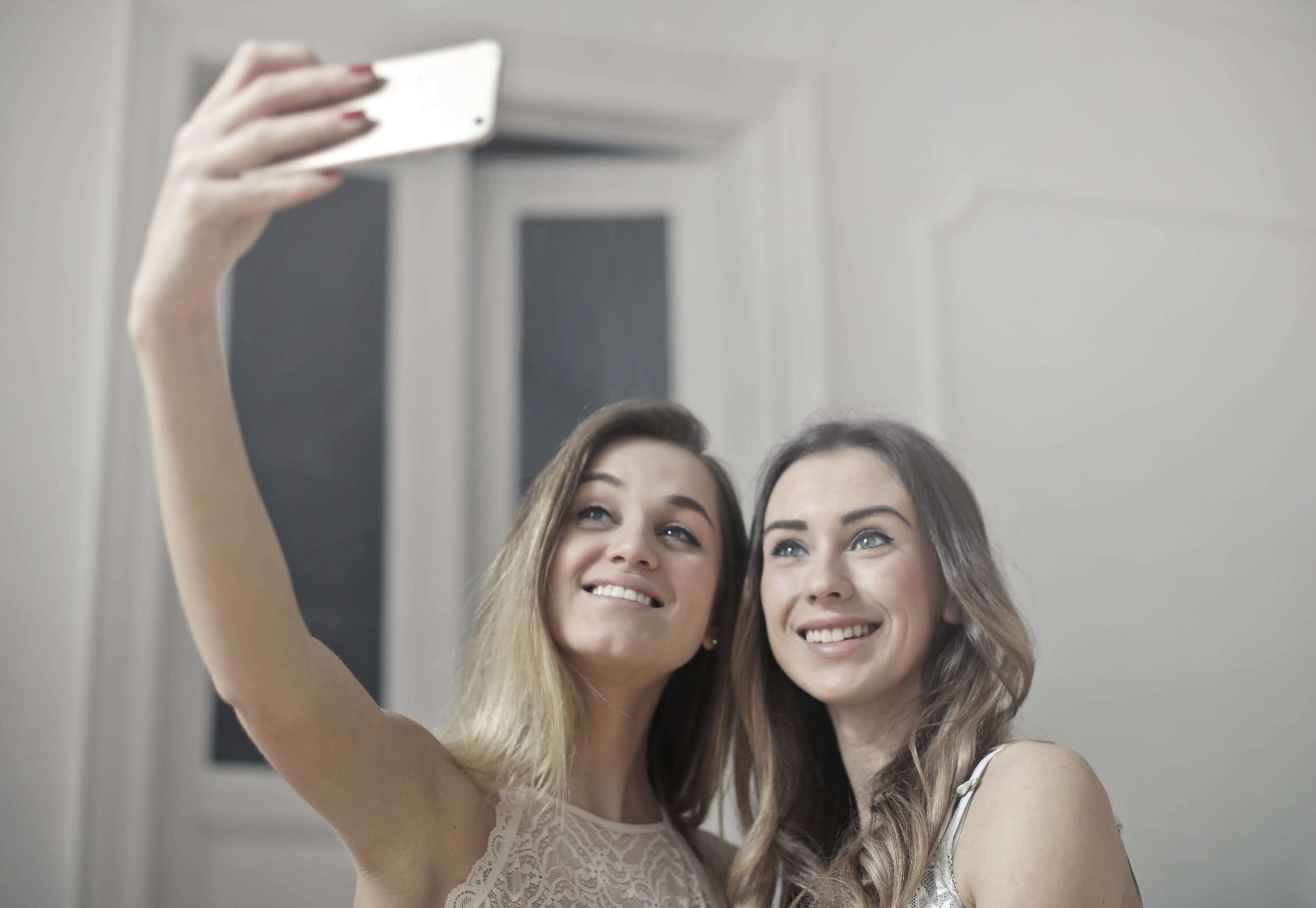 two people, young women, fashion, women, happiness, picture, facial expression, smile, friends, adolescent, mobile phone, relaxation, smart phone, 2K, HD Wallpaper