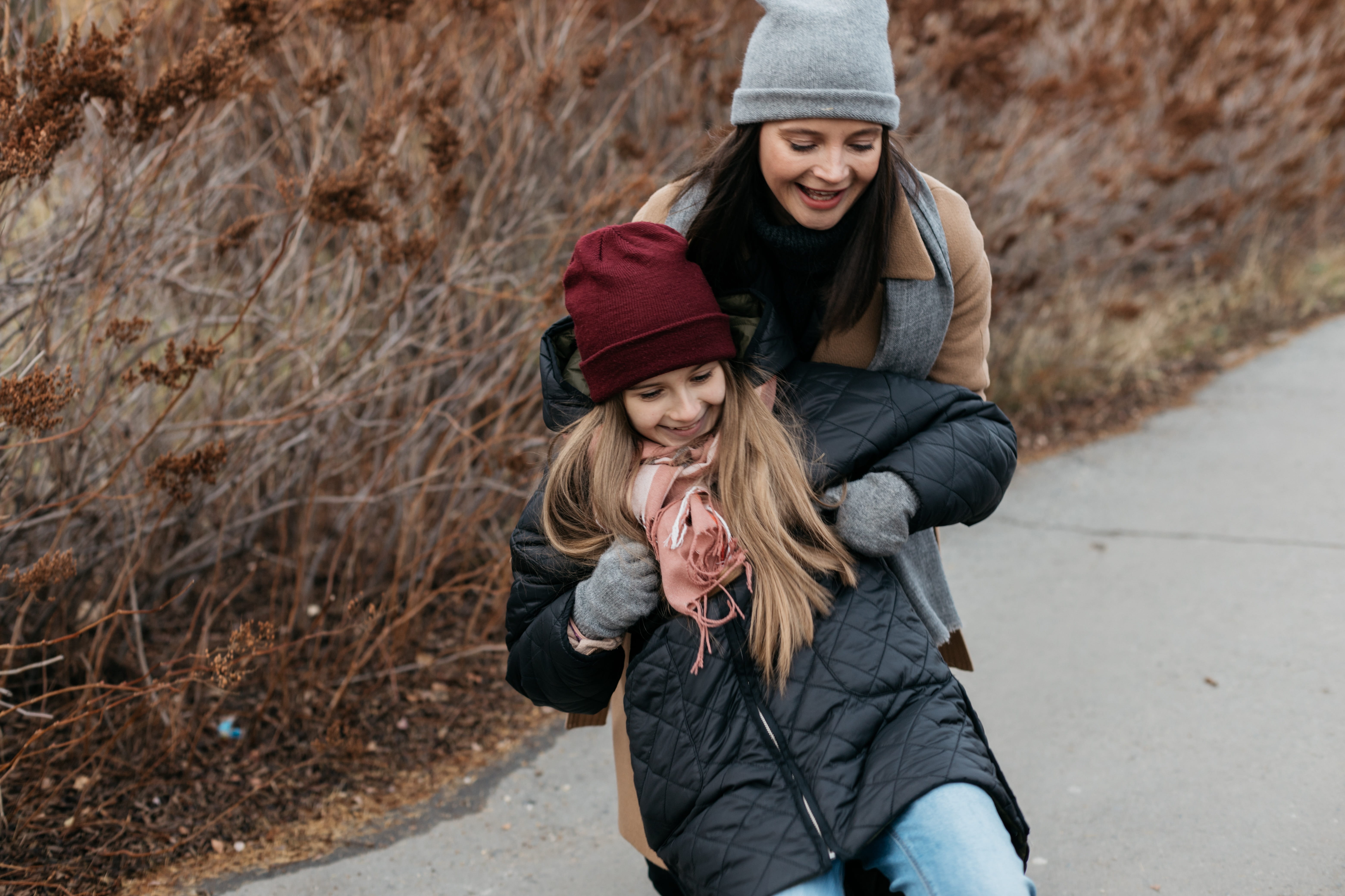 5K, females, girl, two people, casual clothing, hairstyle, emotion, clothing, bonding, stroll, women, teen, happiness, autumn, adult, baby, smile, smiling, HD Wallpaper