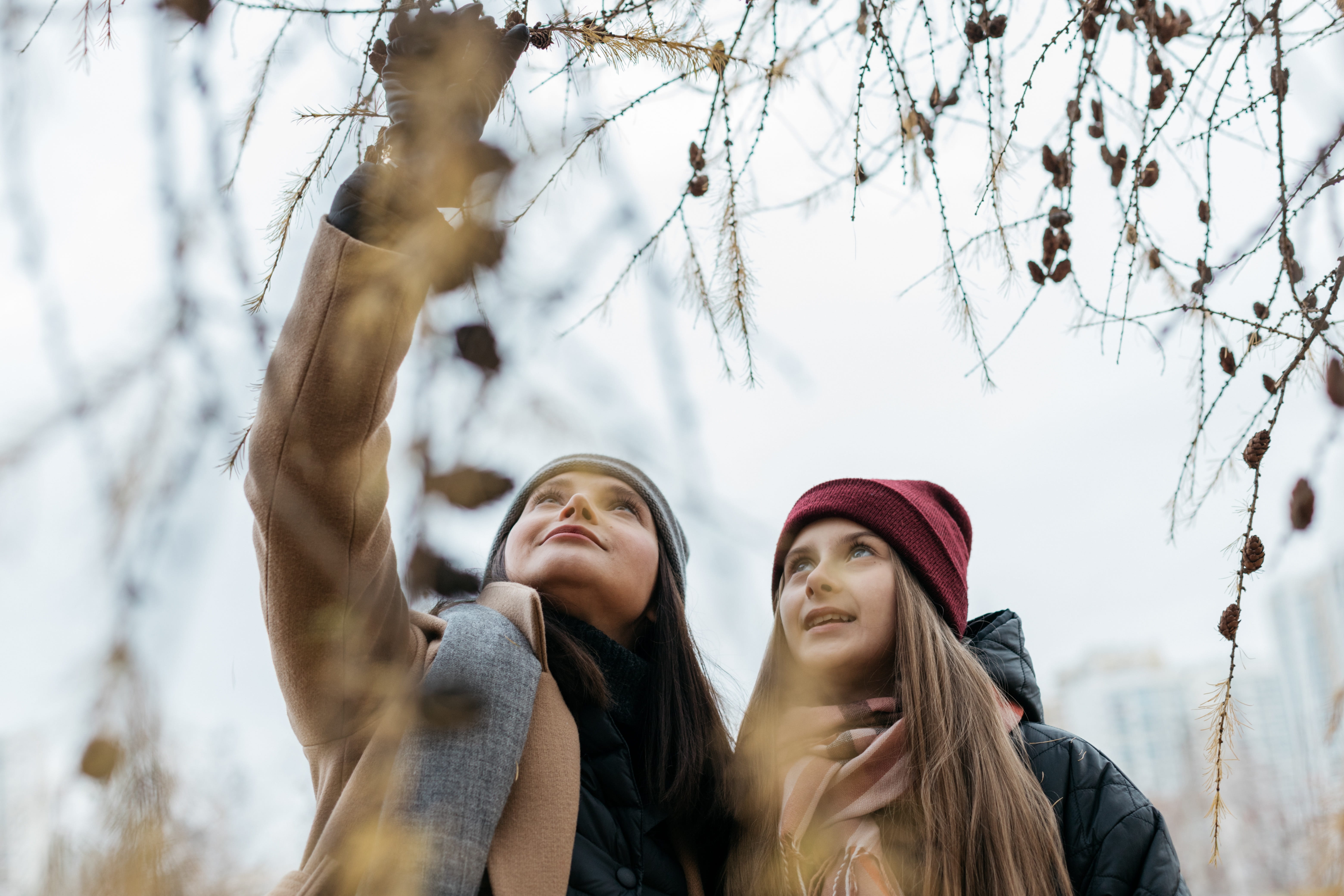 headshot, warm clothing, people, portrait, happiness, two people, kids, daughter, street, winter, woman, girl, hat, heat, nature, tree, however, 5K, outdoors, HD Wallpaper
