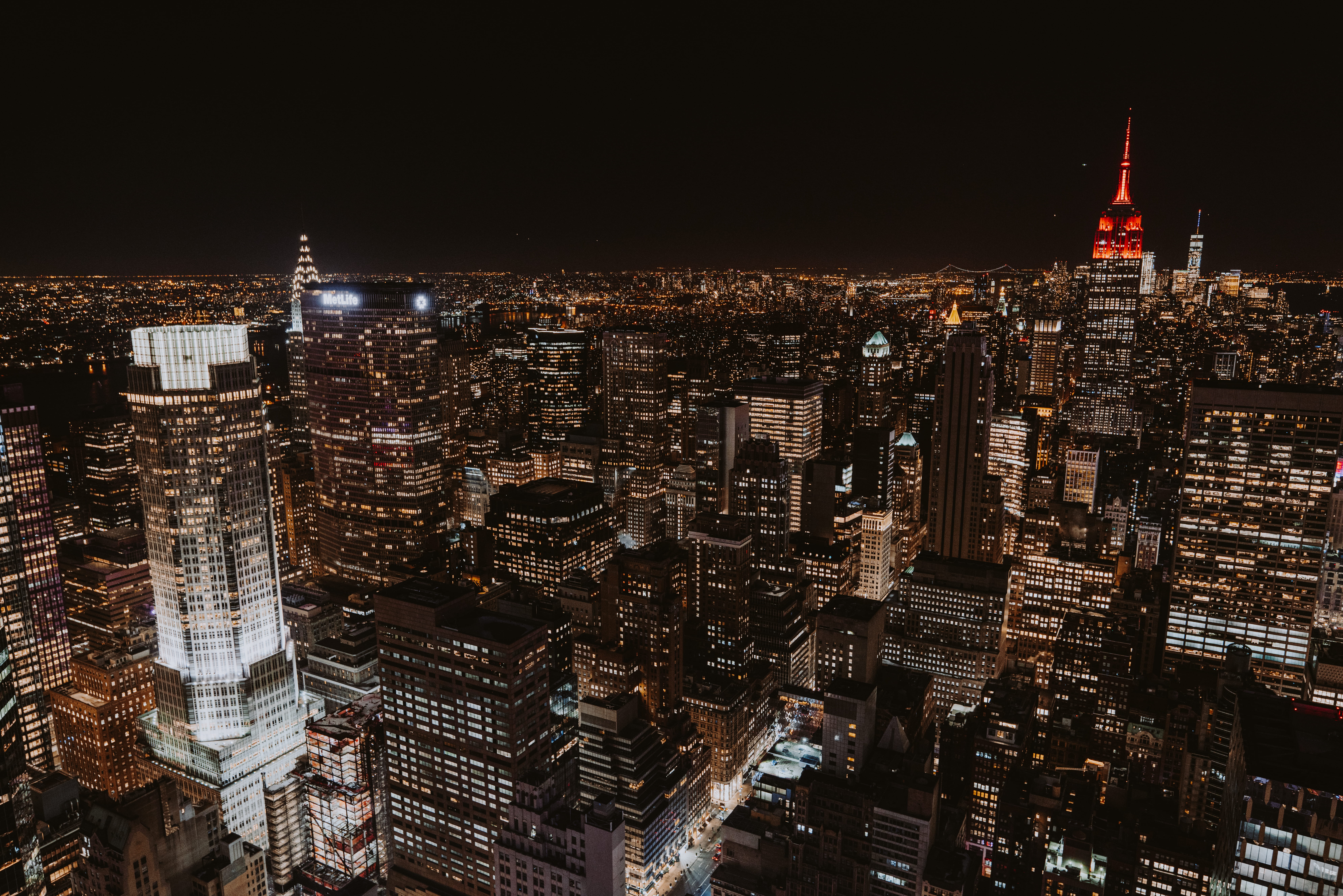 sky, manhattan - New York City, downtown District, aerial photo, skyscraper, high Angle View, state, crowd, aerial View, city Life, building, nighttime, HD Wallpaper