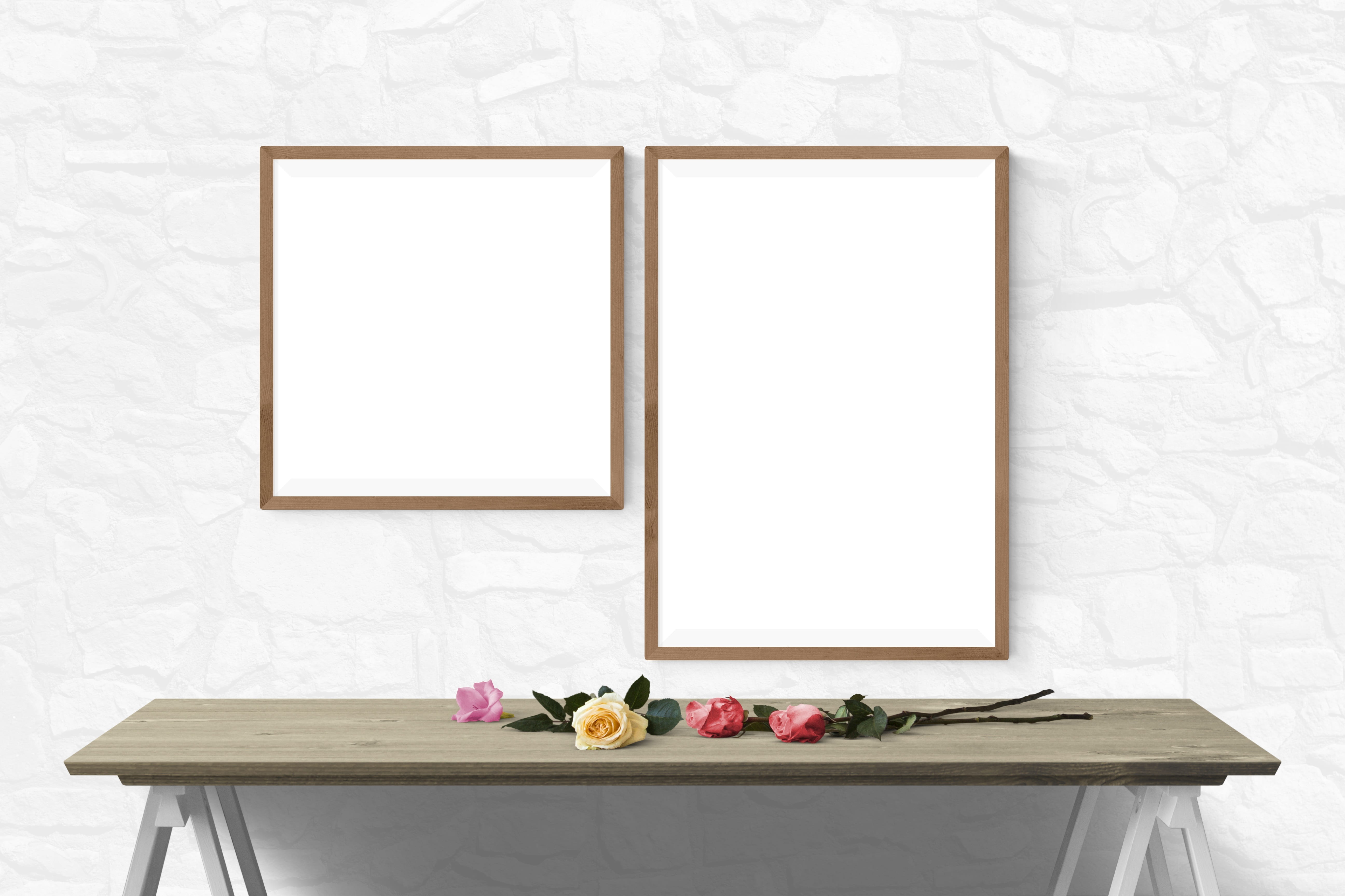 plant, table, brown, wall - building feature, indoors, photo, two, picture, paintings, blank, wood - material, interior, paint, vase, flowering plant, 5K, HD Wallpaper