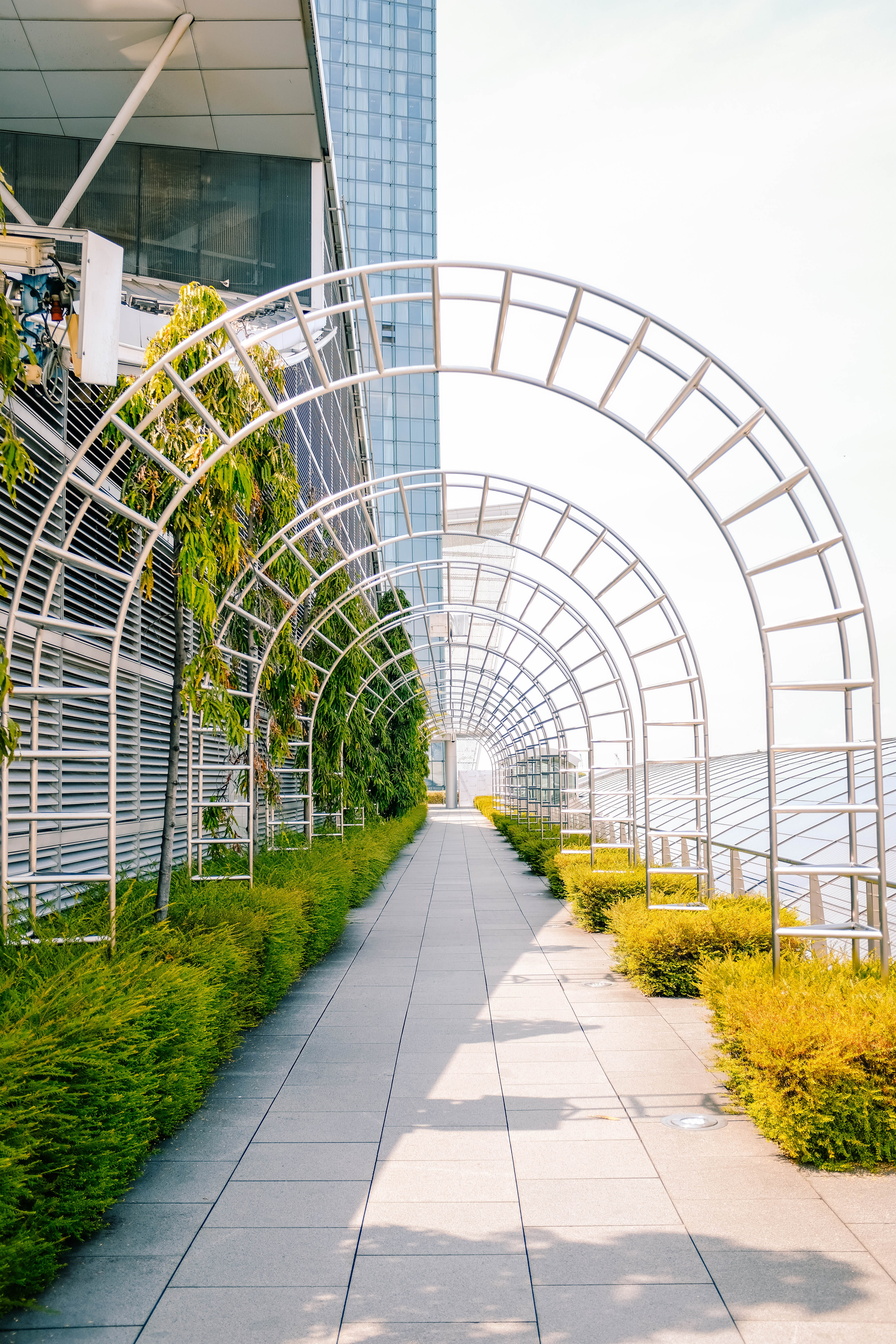 road, office building, building, arch, day, built structure, urban, garden, the way forward, town, path, daytime, direction, metal, glass - material, footpath, Phone HD Wallpaper