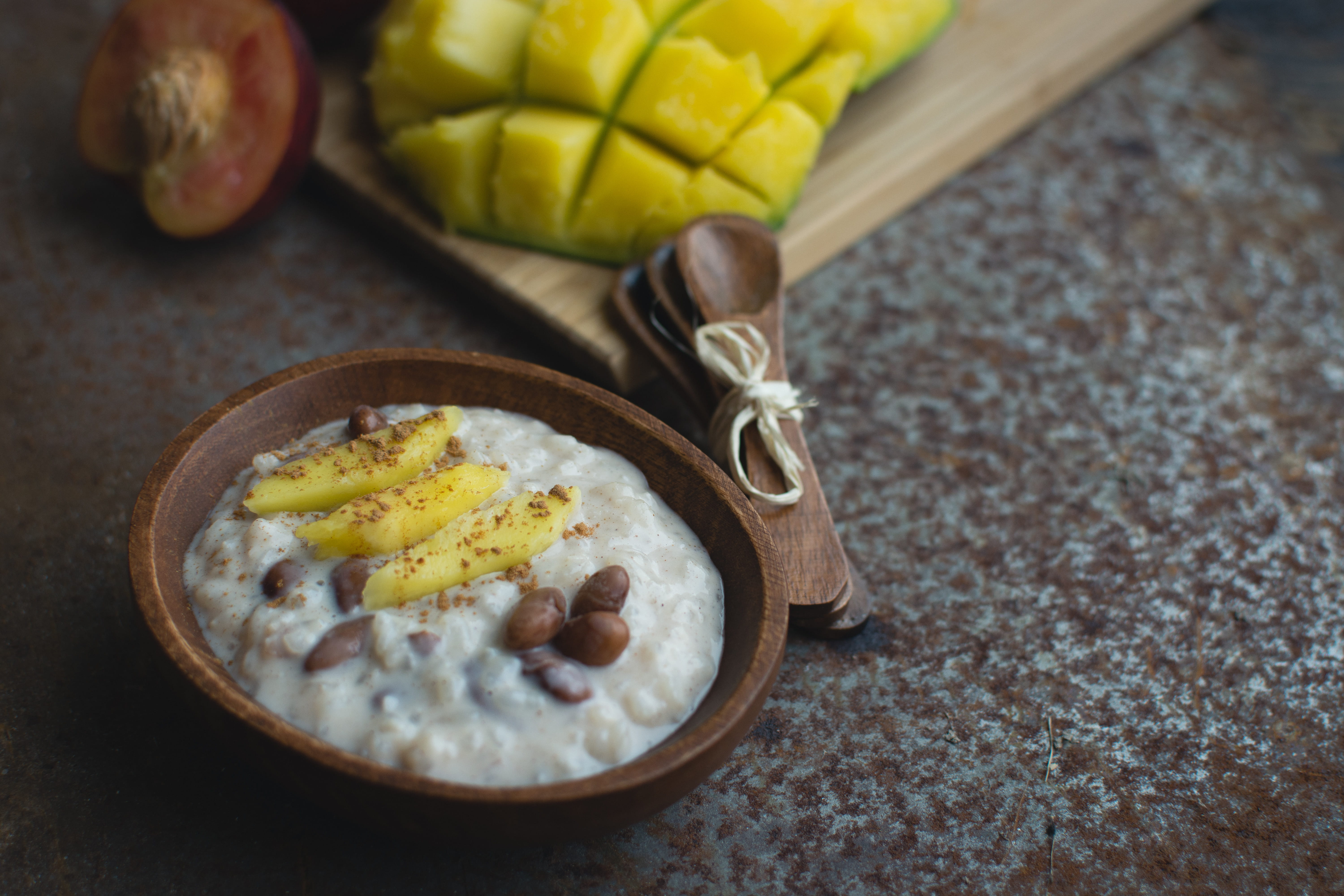 rice and beans, meat, coconut, still life, kitchen utensil, wood - Material, Exotic, indoors, food, high angle view, 5K, gourmet, healthy Eating, fruit, HD Wallpaper