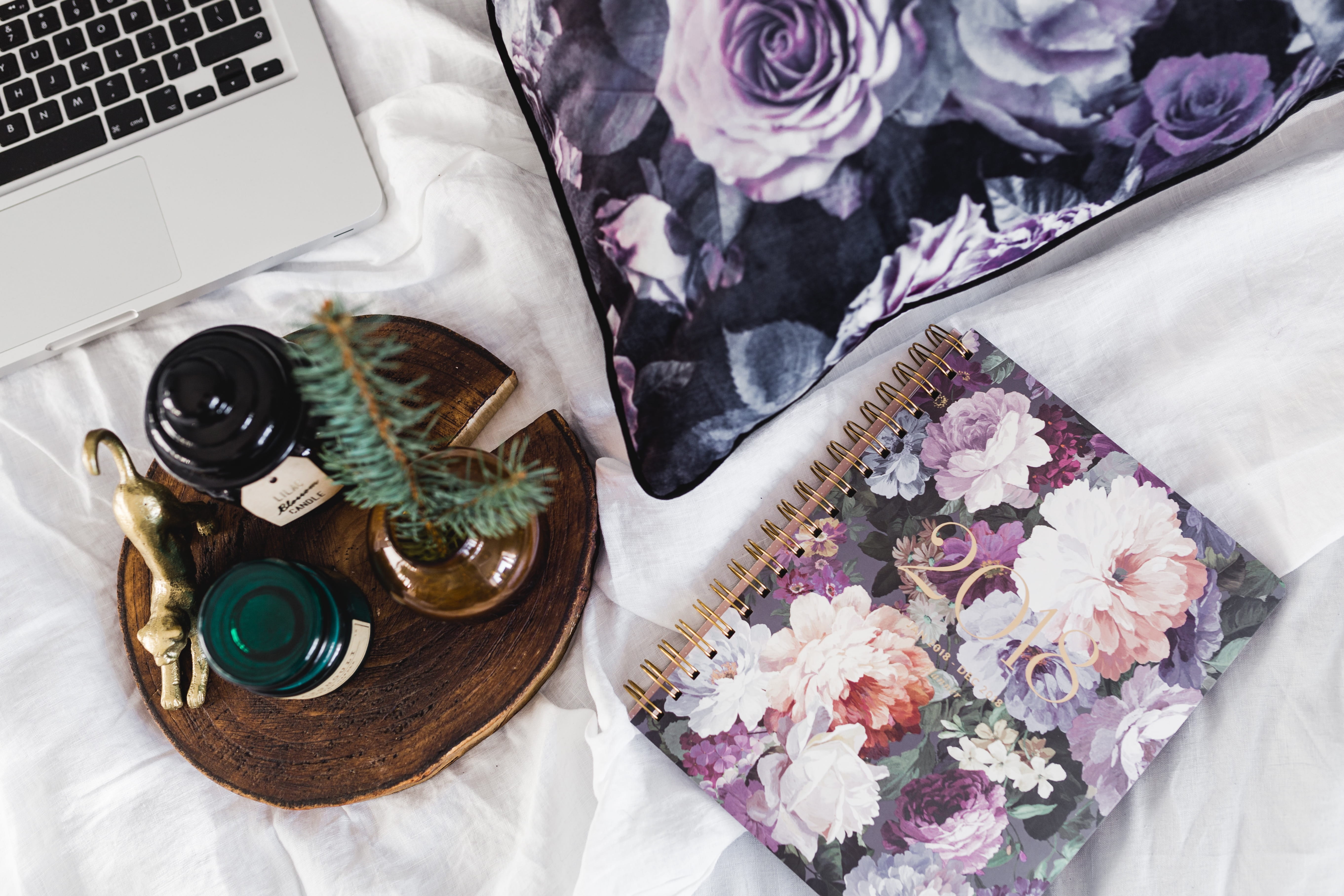 no people, table, violet, plant, 5K, furniture, close-up, floral pattern, notebook, nature, business, beauty in nature, high angle view, flowers, computer, HD Wallpaper
