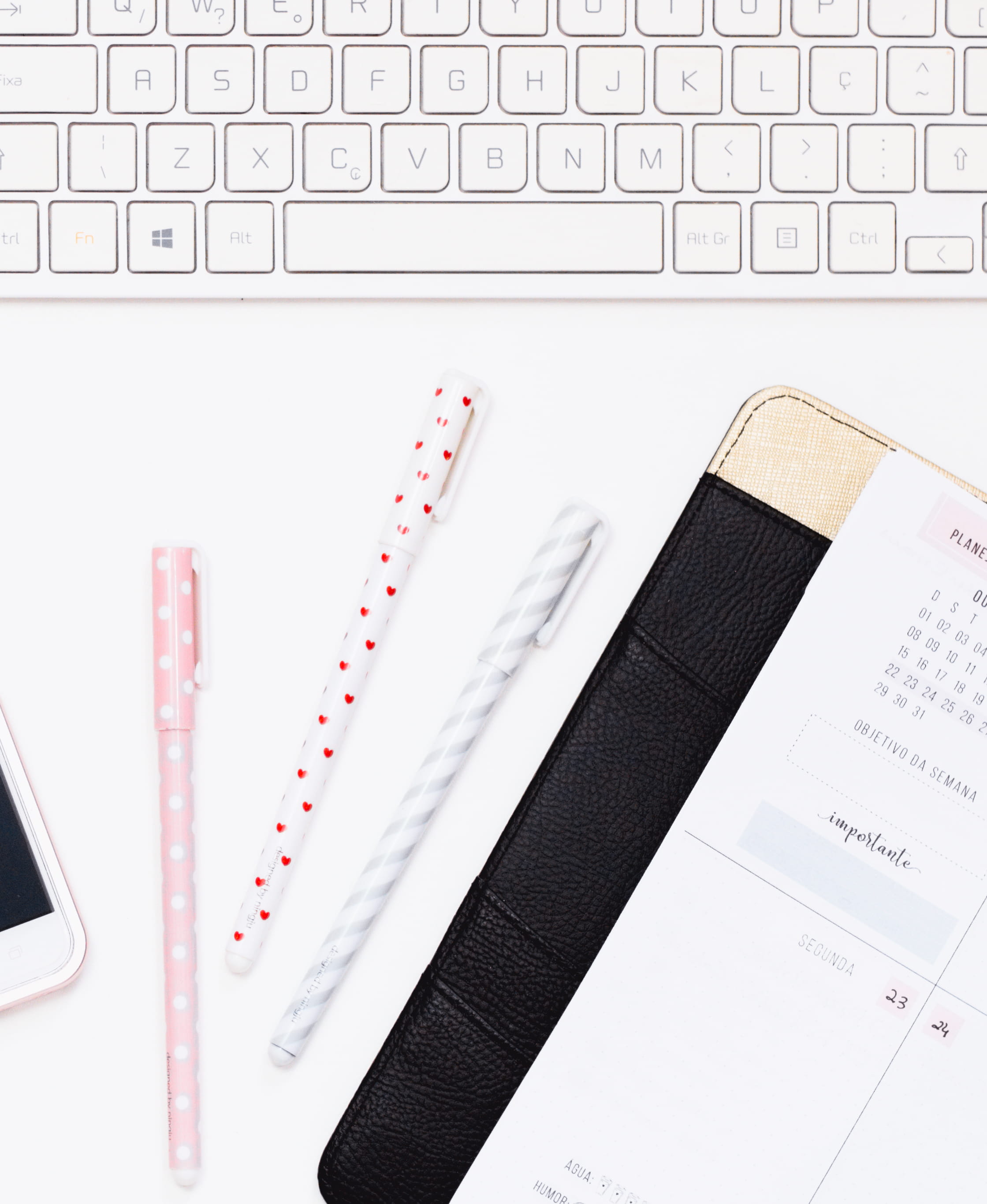 workspace, office, computer, keyboard, computer equipment, directly above, planner, computer keyboard, close-up, journal, pens, no people, technology, still life, Phone HD Wallpaper