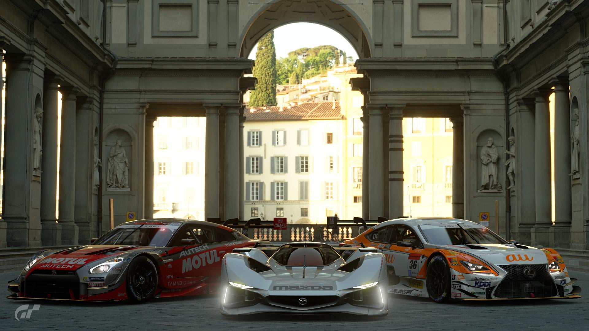 architecture, land vehicle, day, Gran Turismo Sport, outdoors, motor vehicle, no people, mode of transportation, luxury, built structure, architectural column, HD Wallpaper