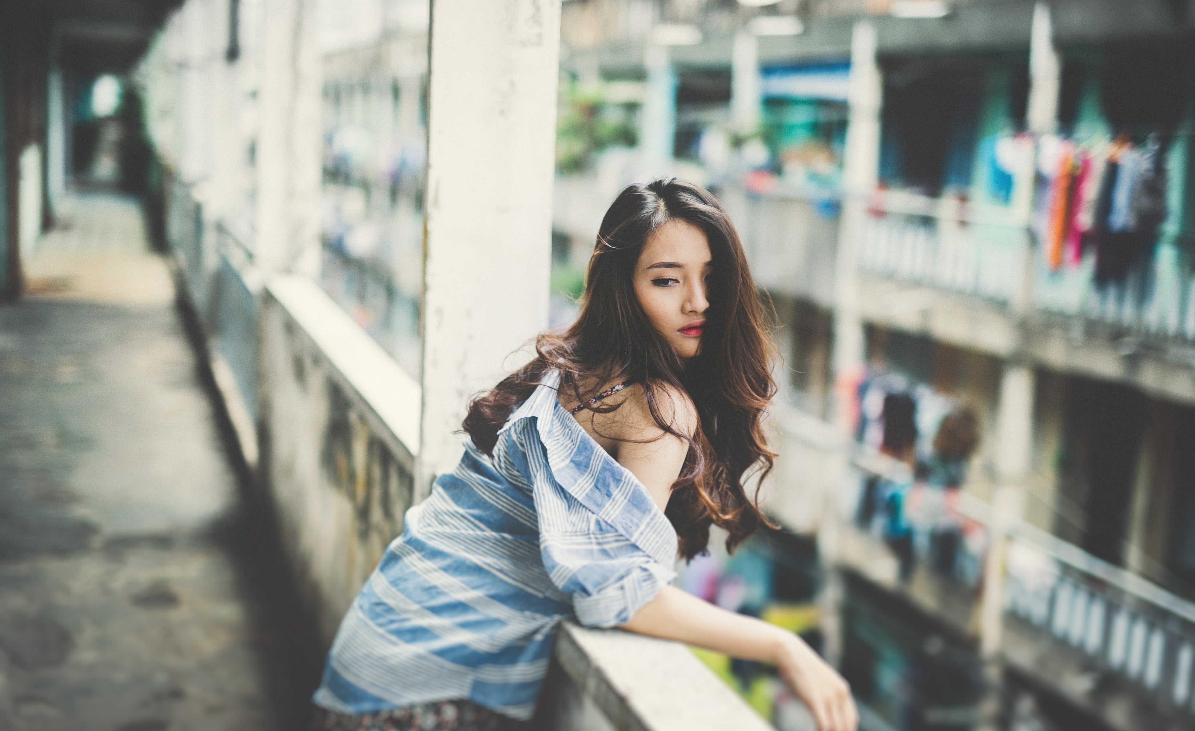 red lipstick, beautiful woman, Asian, casual clothing, depth of field, contemplation, s, striped clothing, standing, brown hair, hair, outdoors, brunette, HD Wallpaper