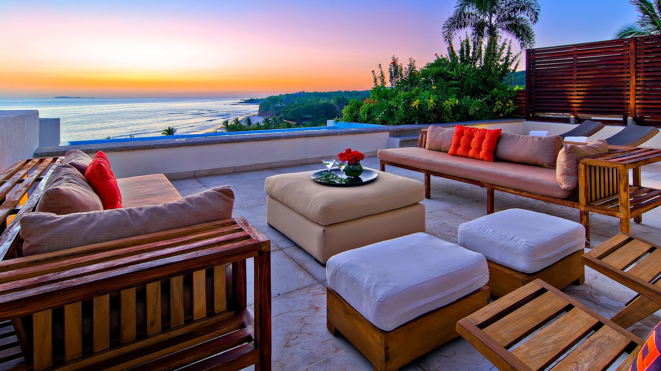 outdoor, furniture, green, modern, beach, style, nature, cozy, magnificent, sweet home, terrace, elegant, 2K, HD Wallpaper