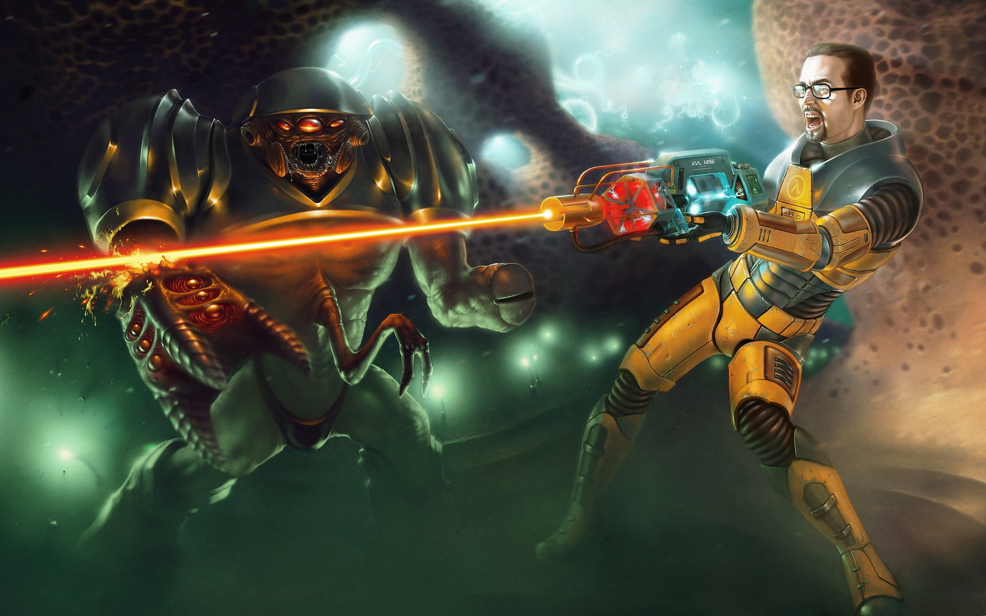 alien, digital composite, half-life, helmet, digital, fantasy, imagination, monster, motion, technology, character, night, safety, power, shooting, protection, HD Wallpaper