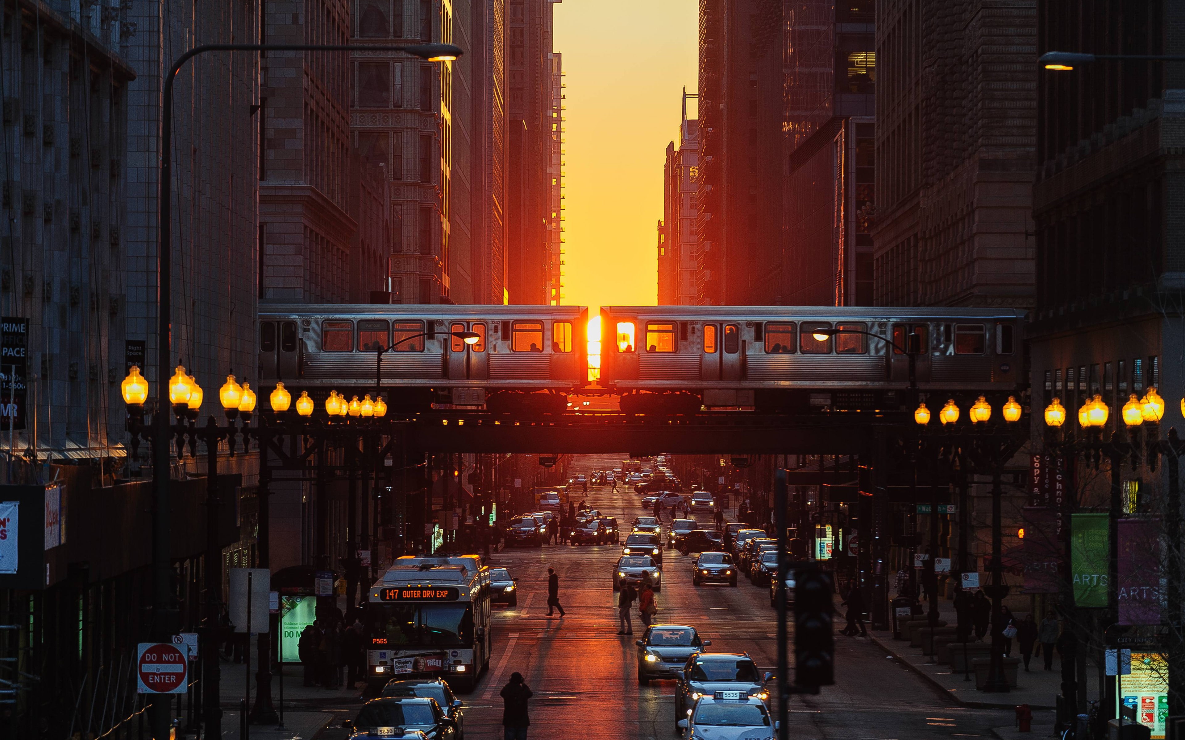 car, city, Chicago, street, 4K, sunset, Illinois, metro, HD Wallpaper