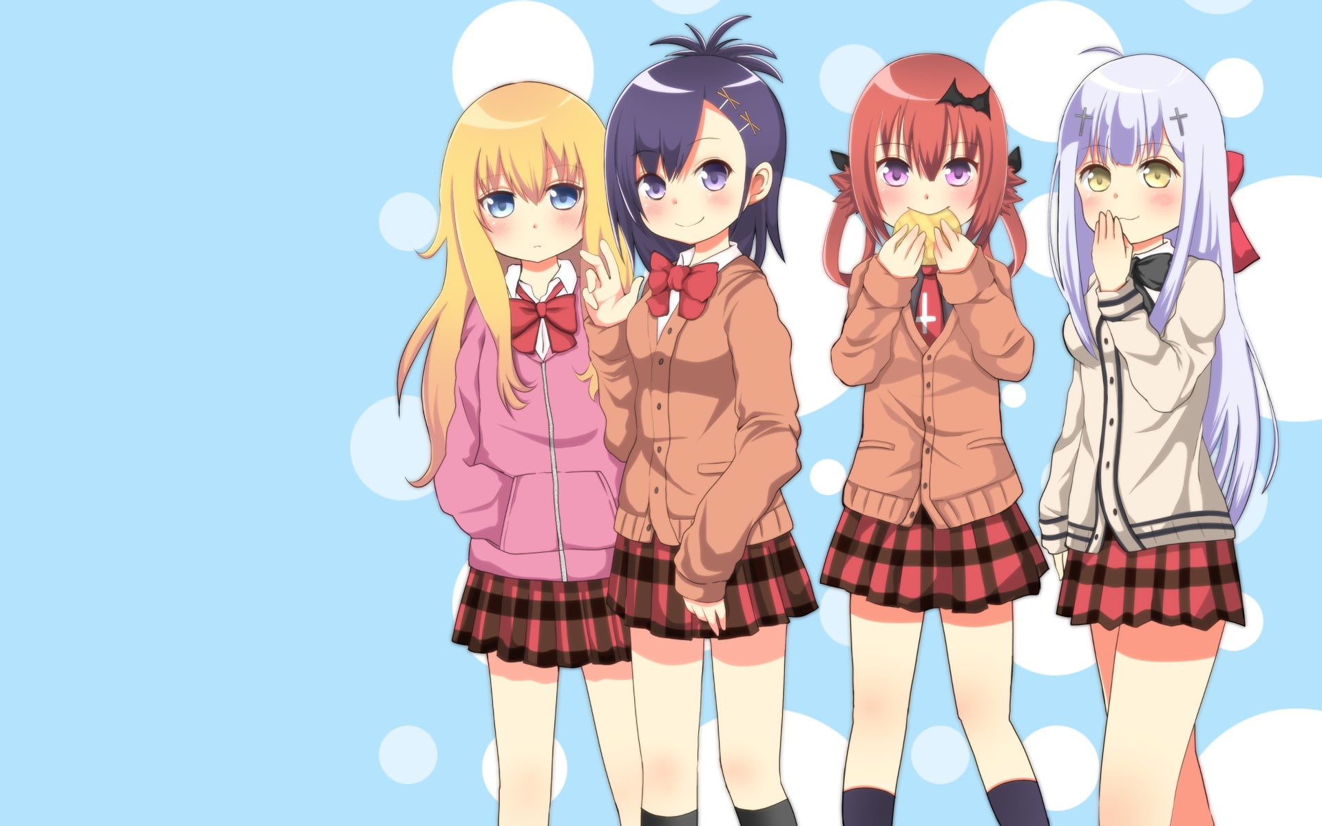 simple, smiling, white skin, costume, representation, Gabriel Dropout, anime girls, blue, indoors, people, celebration, leisure activity, Vignette April Tsukinose, HD Wallpaper