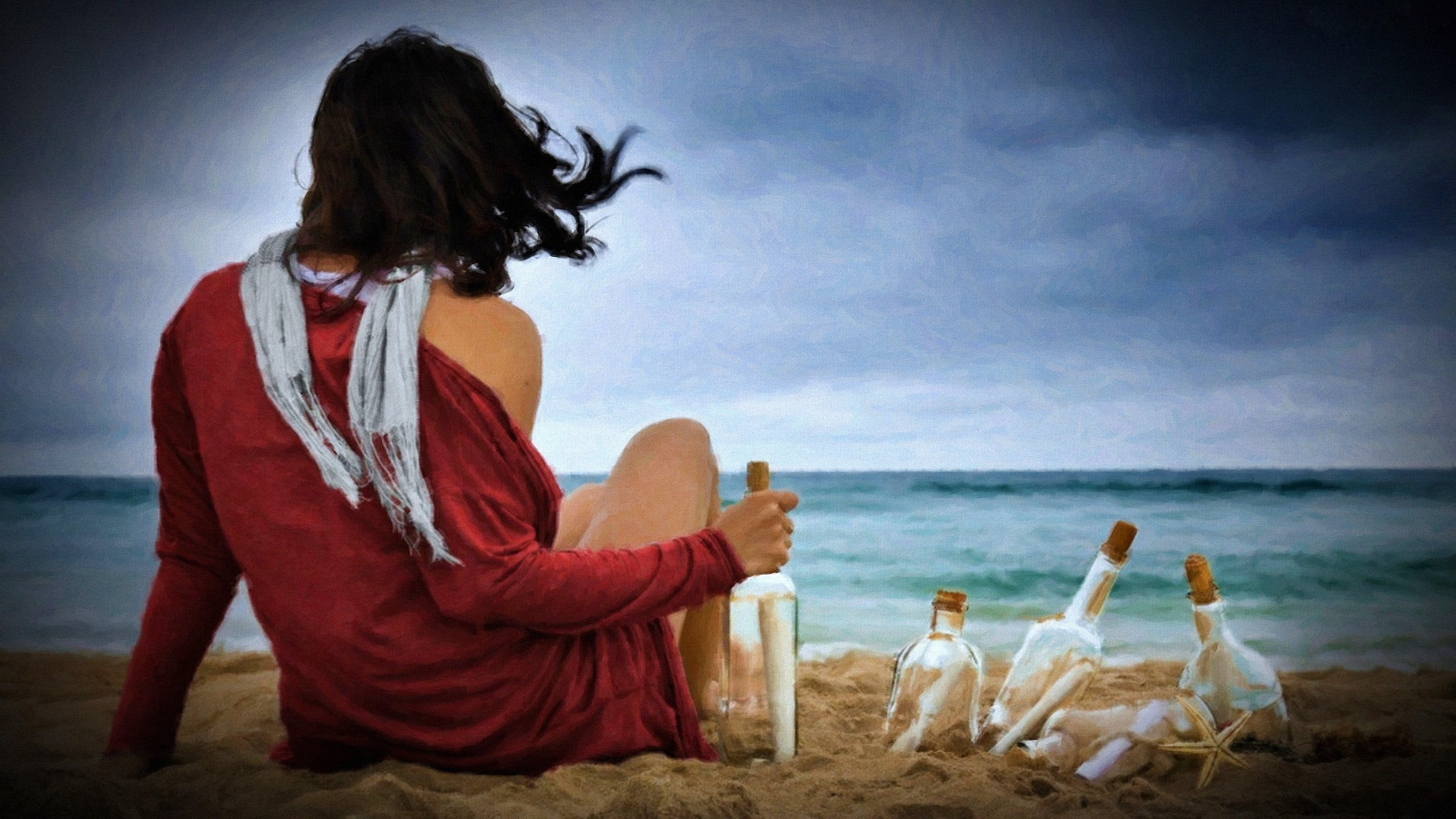 sitting, water, women, sand, bottles, young adult, outdoors, sea, side view, back, casual clothing, long hair, horizon over water, sky, people, beach, 2K, HD Wallpaper