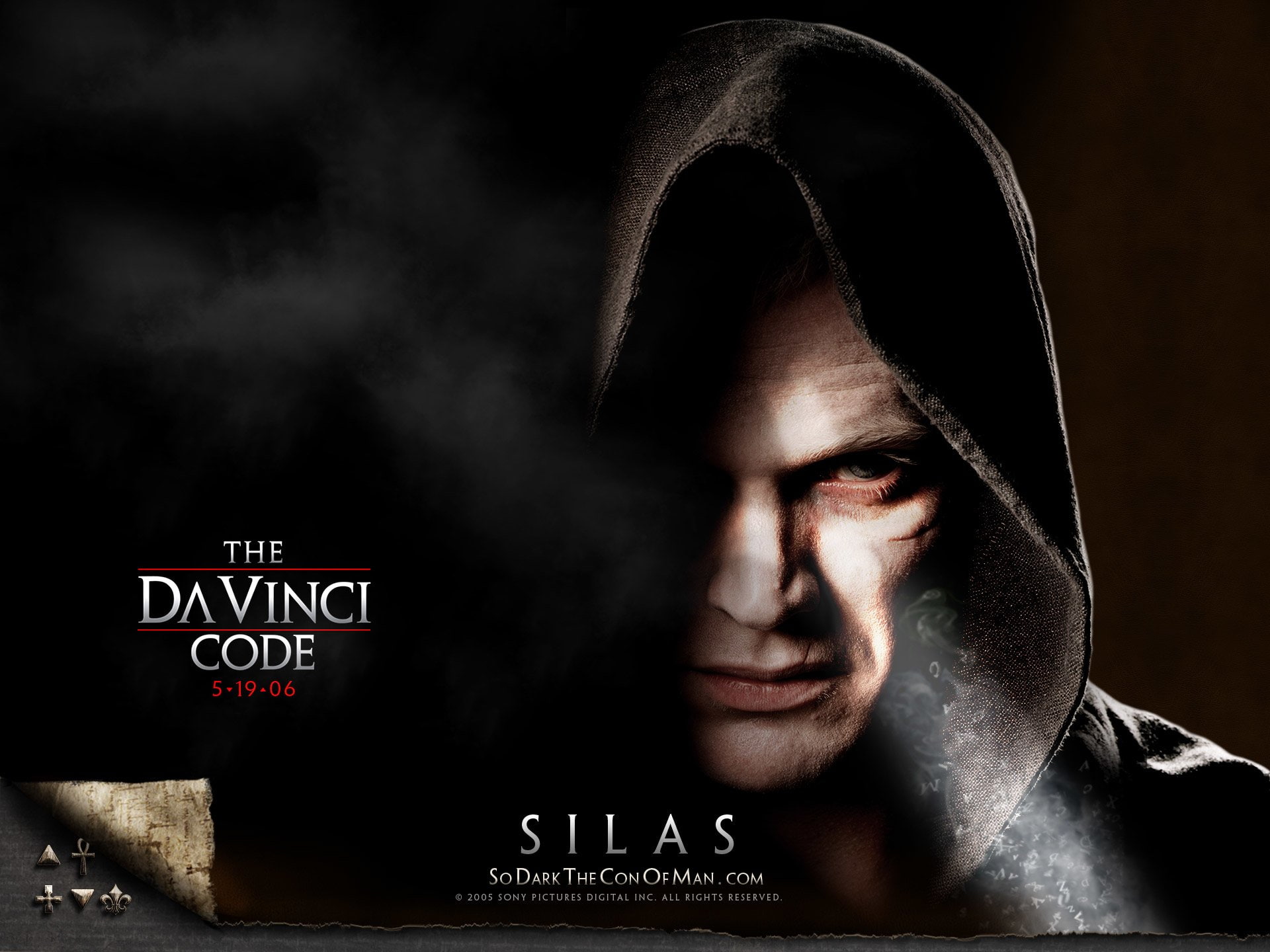 religion, weapon, communication, one person, evil, clothing, Movie, black background, hood - clothing, The Da Vinci Code, human face, Paul Bettany, adult, HD Wallpaper
