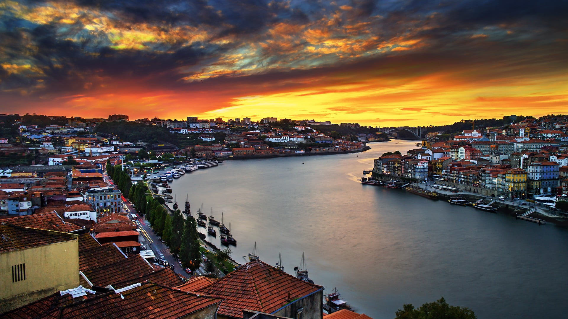 river, sunset, nature, building exterior, houses, townscape, overcast, bridge, Porto, city, concrete, cityscape, house, white, orange color, boat, 1080P, HD Wallpaper