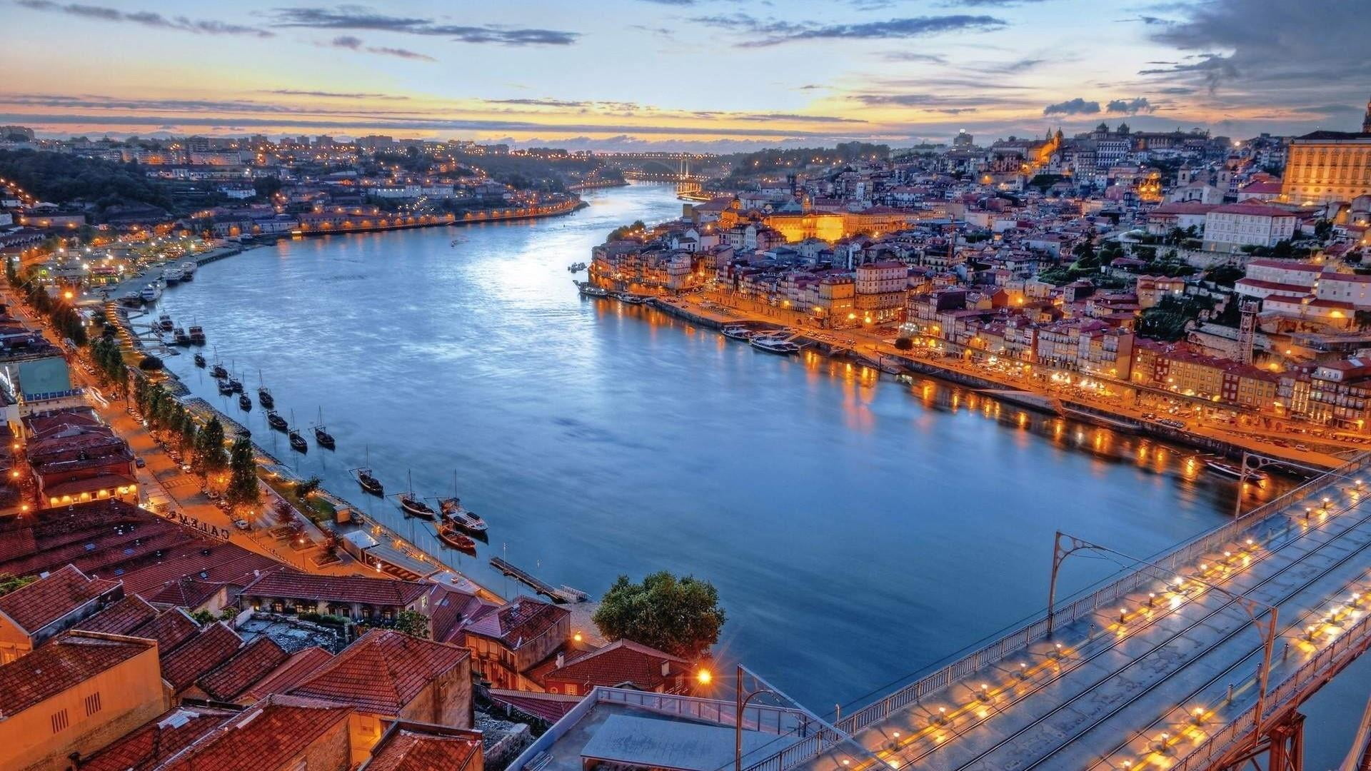 evening, water, architecture, sunset, cloud - sky, built structure, portugal, 1080P, dusk, city, high angle view, europe, outdoors, bridge, river douro, HD Wallpaper