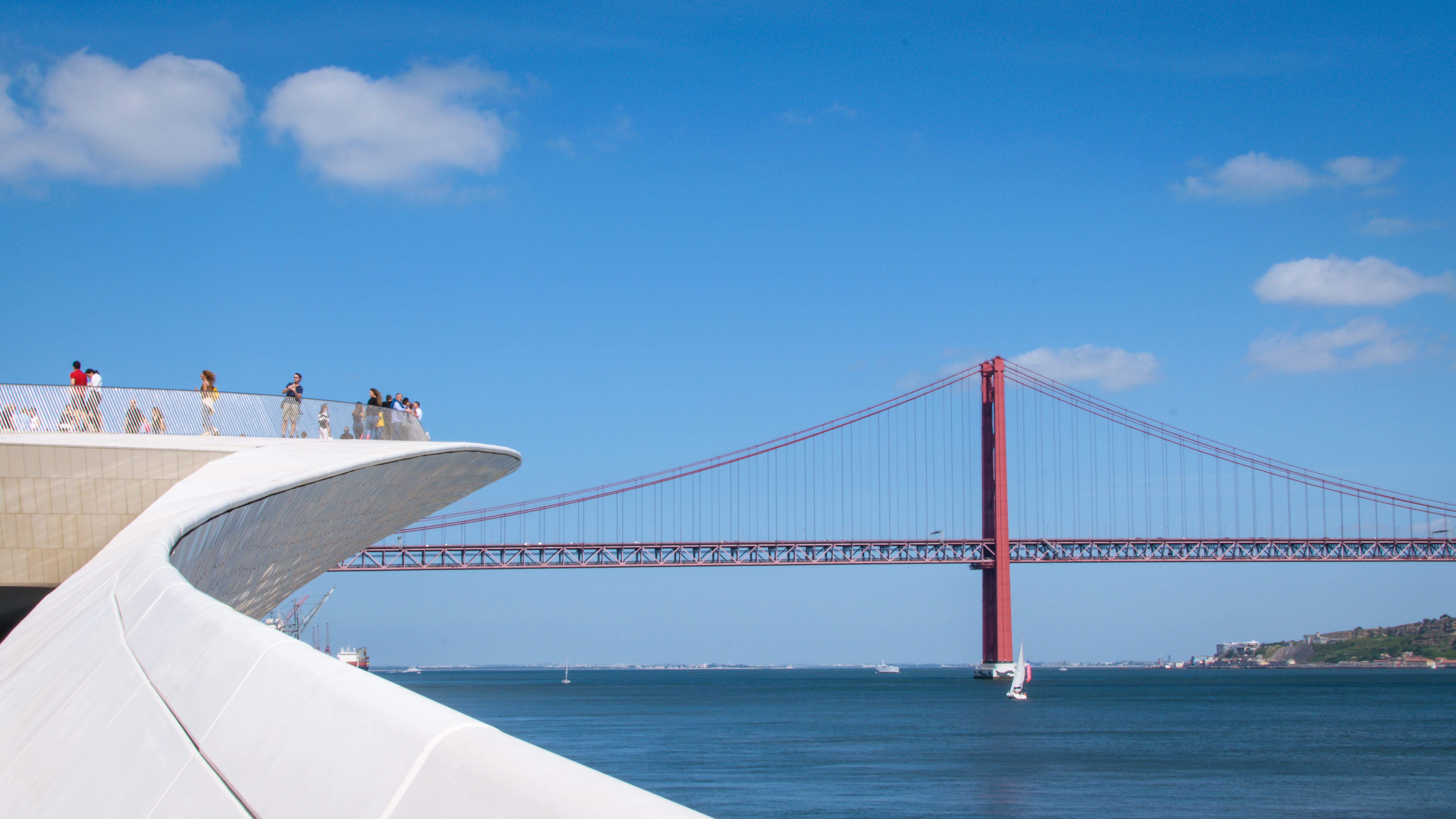city, nautical vessel, bridge, built structure, cloud - sky, travel, boats, architecture, day, tourism, sea, travel destinations, bay, connection, lisbon, HD Wallpaper