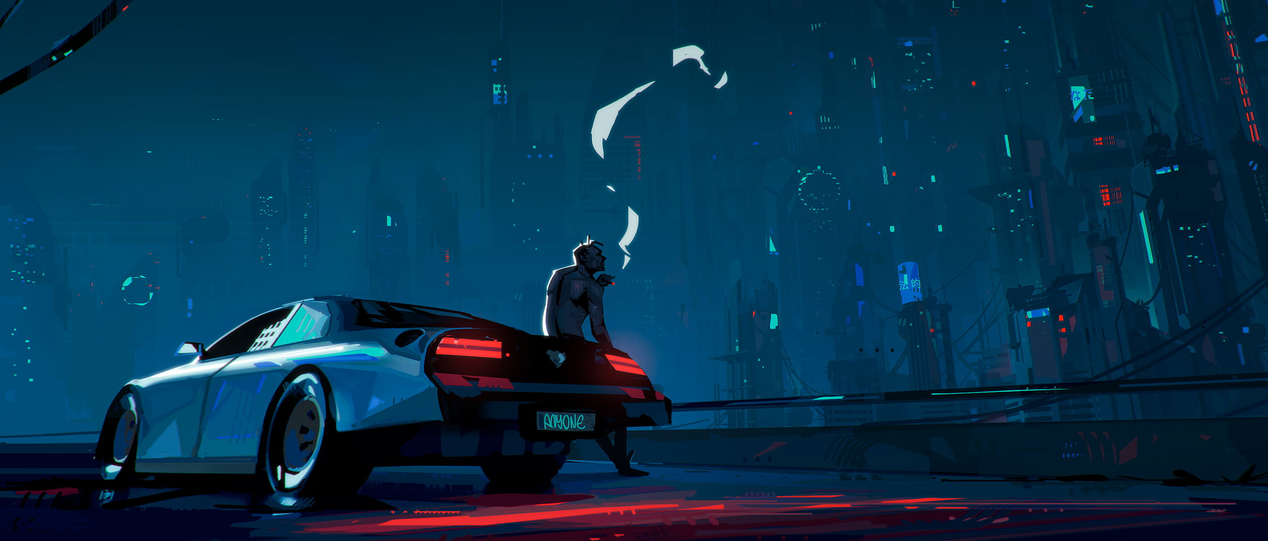 vehicle, cityscape, cigarettes, car, 1080P, smoke, night, men, futuristic city, artwork, smoking, HD Wallpaper