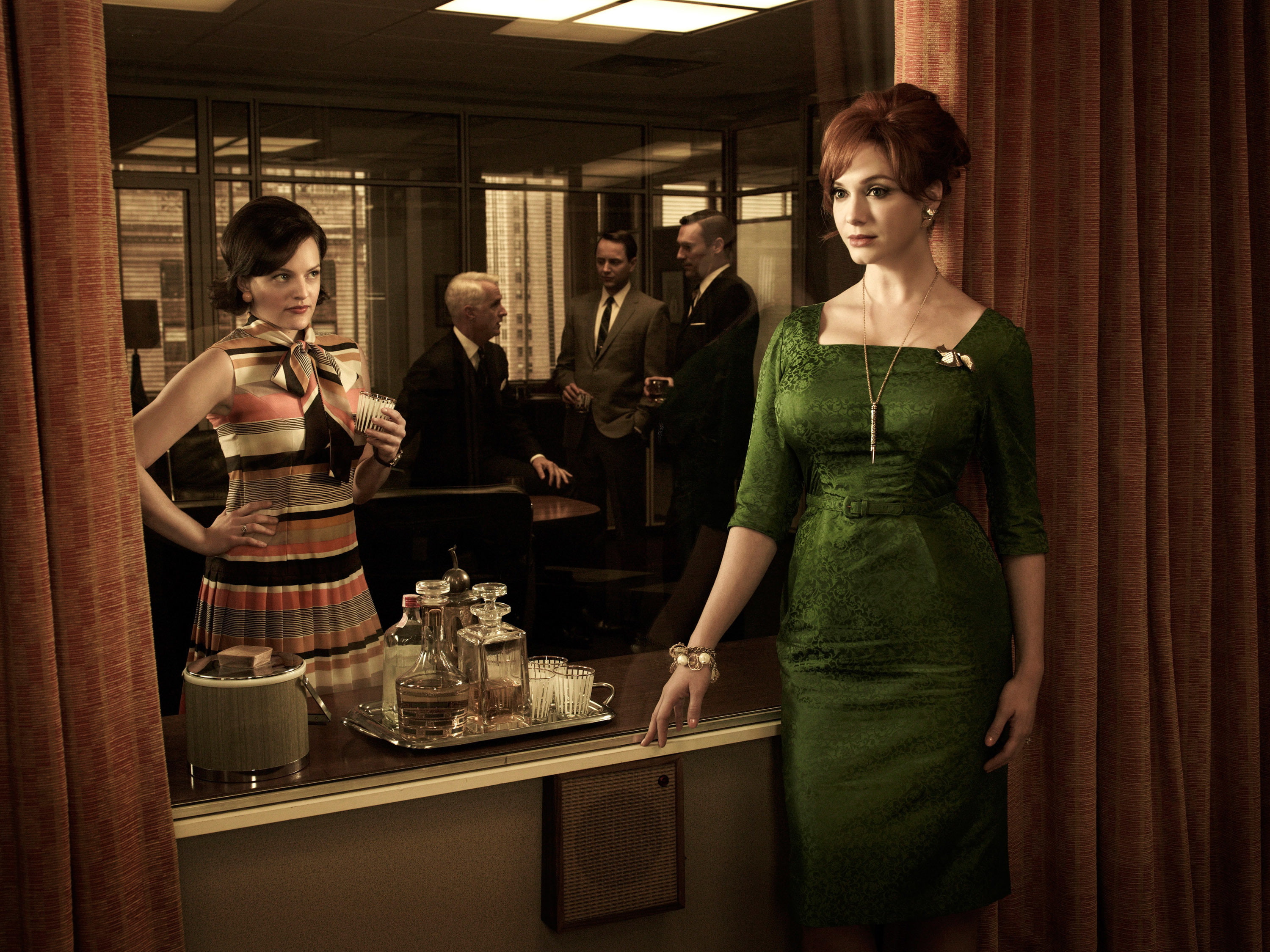 Christina Hendricks, Pete Campbell, Roger Sterling, Go Harris, Jon Hamm, 2K, dress, John Slattery, Peggy Olson, Vincent Kartheiser, red, Don Draper, woman, HD Wallpaper