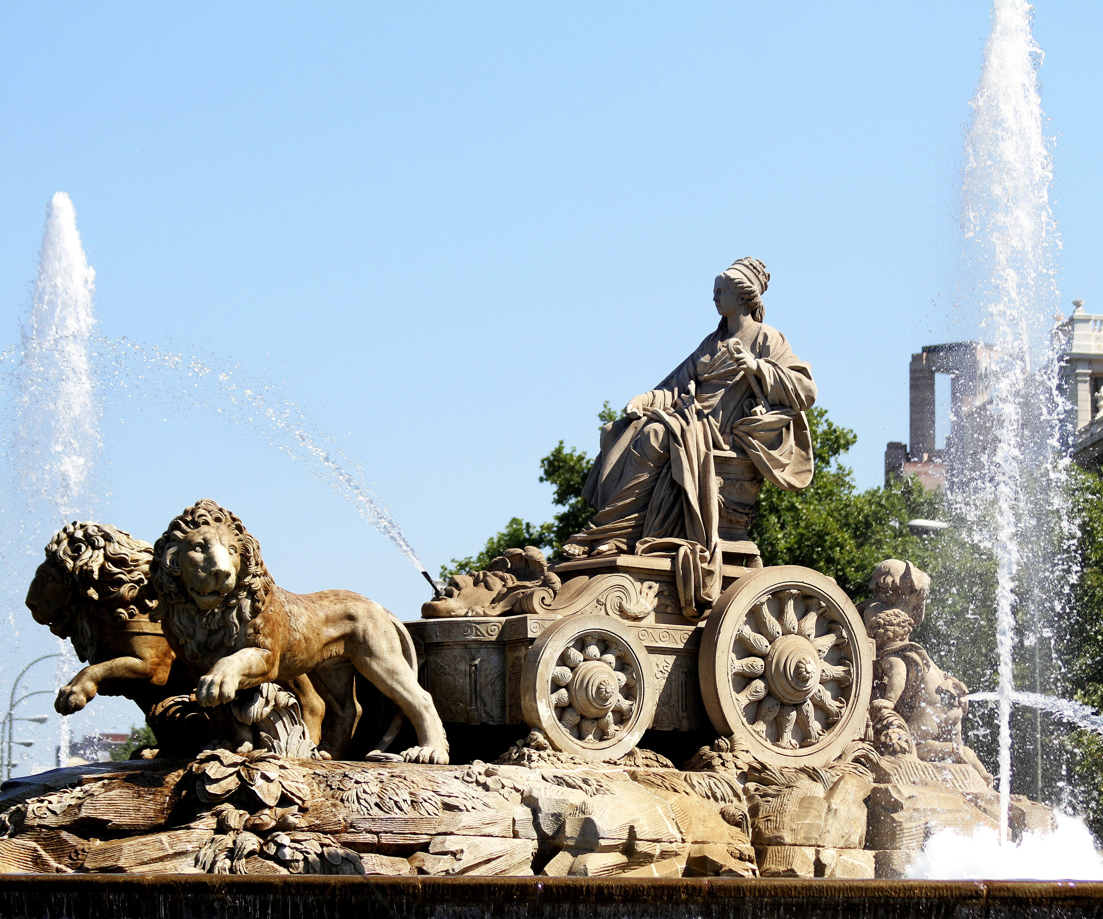statue, historical, human representation, cibeles, famous, fountain, tourism, clear sky, lions, creativity, madrid spain, water, no people, chariot, sculpture, HD Wallpaper
