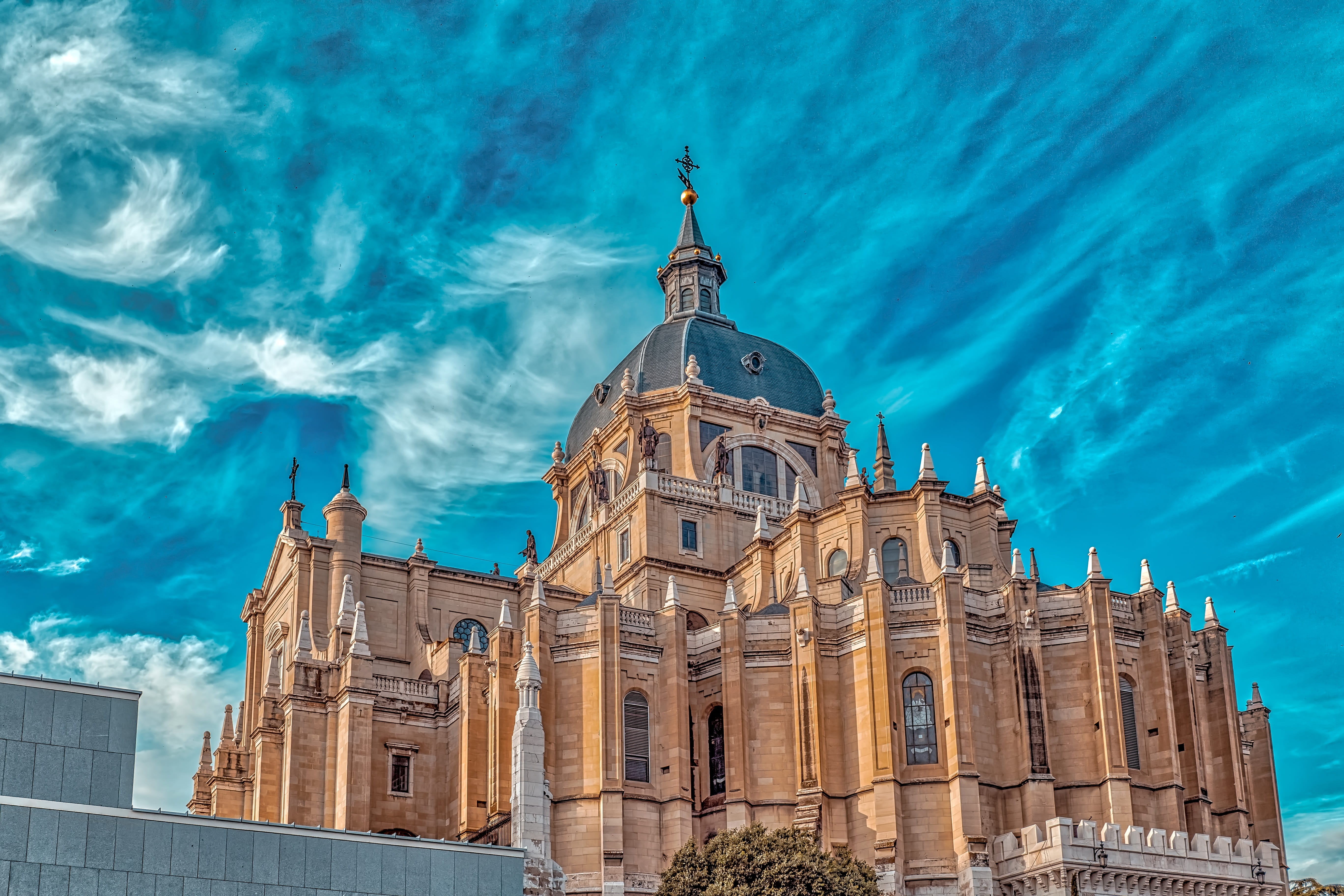 travel, outdoors, building exterior, place of worship, history, culture, landmark, madrid, low angle view, 5K, belief, almudena, building, structure, cathedral, HD Wallpaper